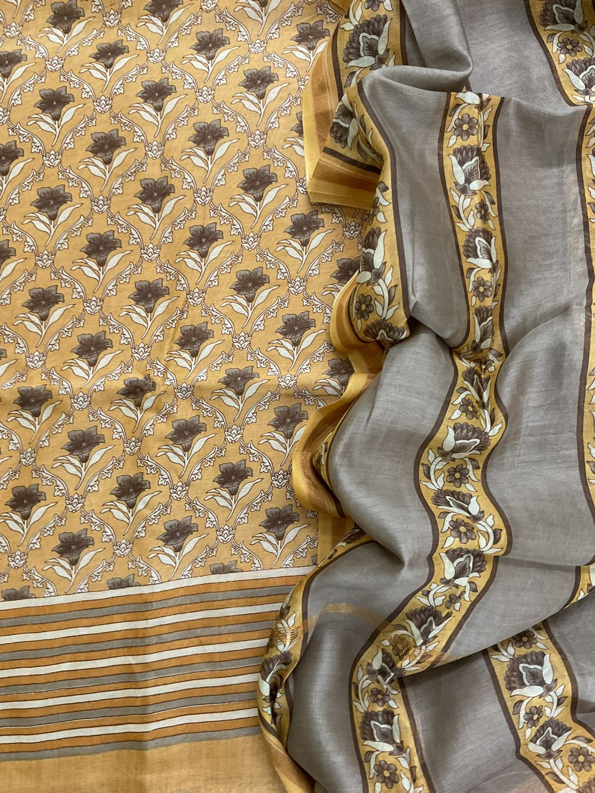 Pure Mul Chanderi Printed Suit - Mustard