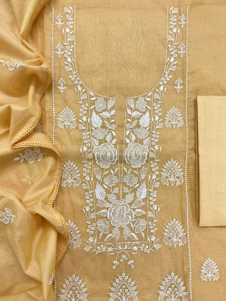 Image of Soft Chanderi Embroidered Suit - Yellow