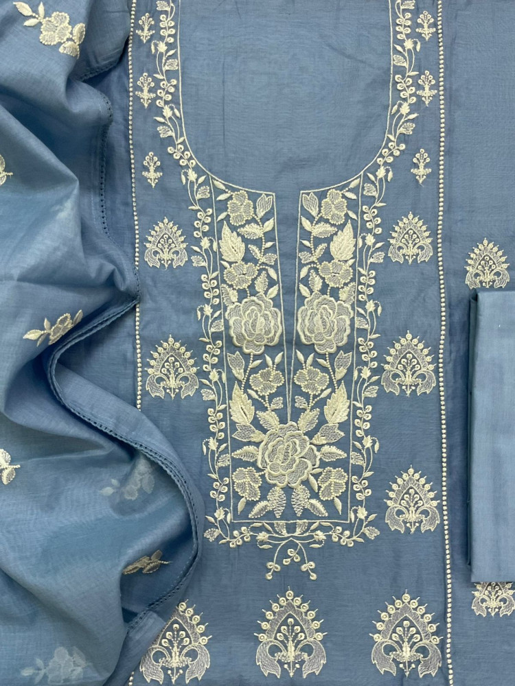 Image of Soft Chanderi Embroidered Suit - Blue