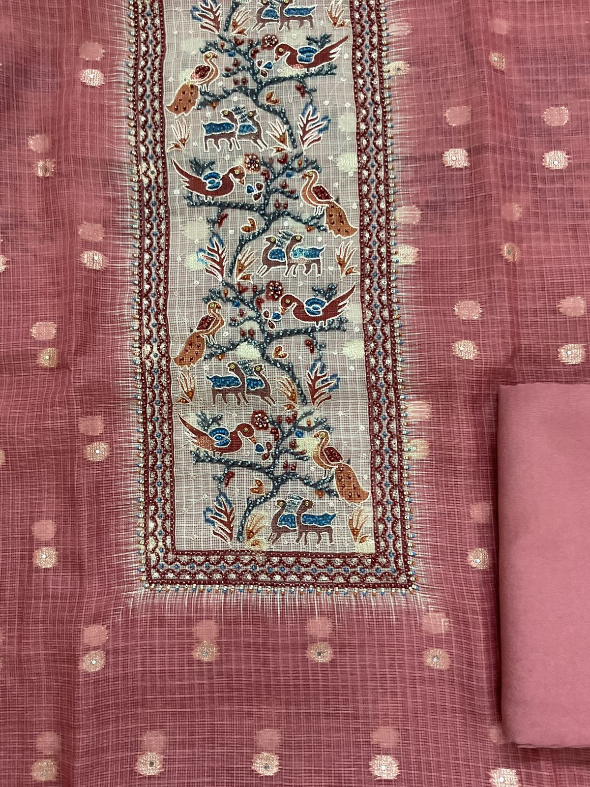 Soft Kota Silk Printed Banarasi Weaved Embroidered Suit - Rustic Peach