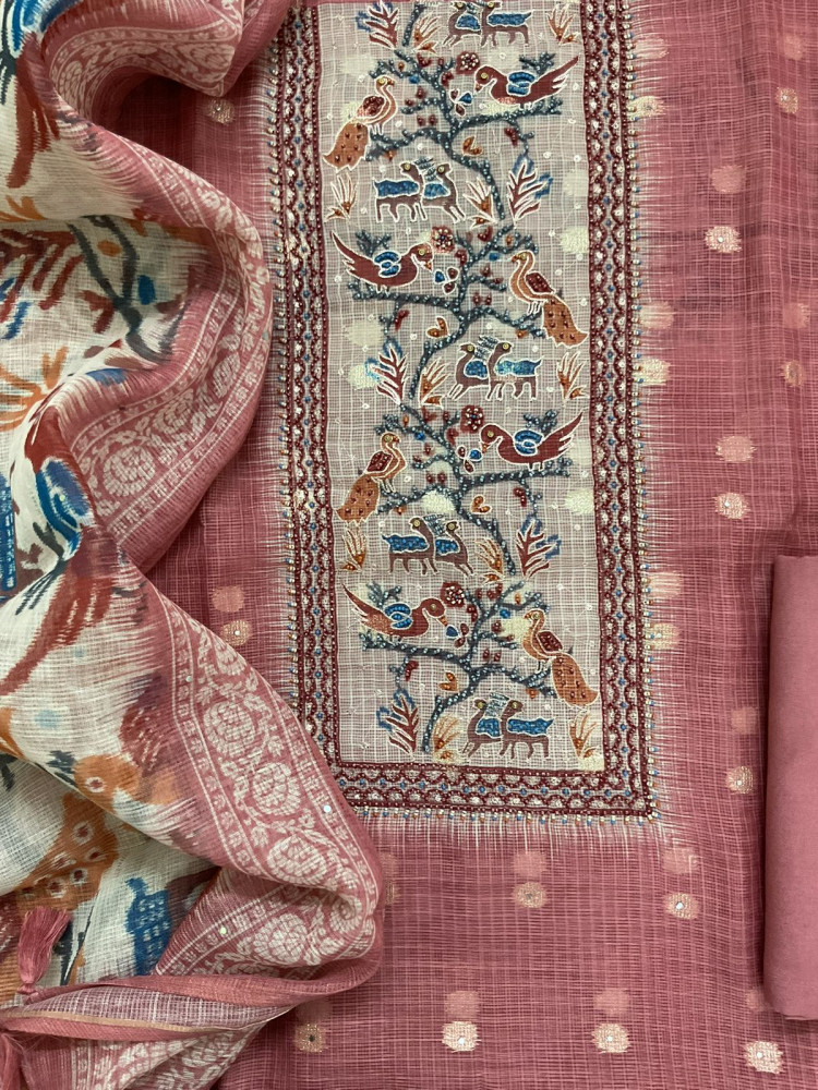 Image of Soft Kota Silk Printed Banarasi Weaved Embroidered Suit - Rustic Peach