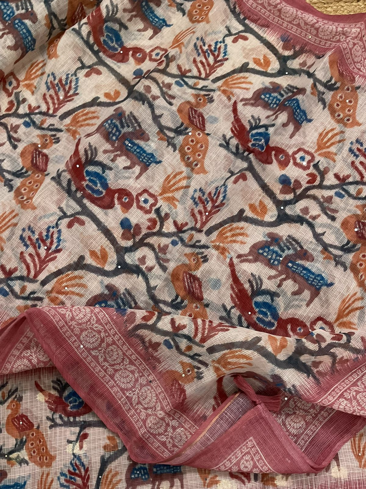 Soft Kota Silk Printed Banarasi Weaved Embroidered Suit - Rustic Peach