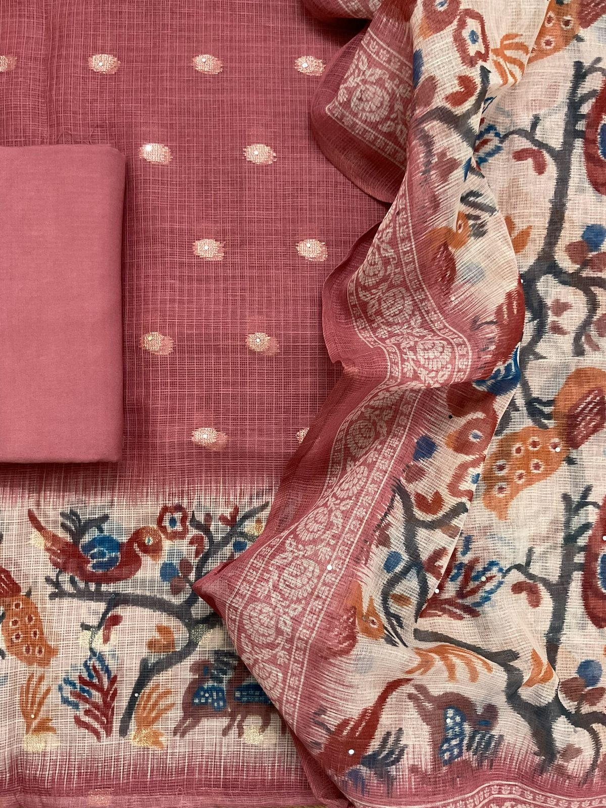 Soft Kota Silk Printed Banarasi Weaved Embroidered Suit - Rustic Peach