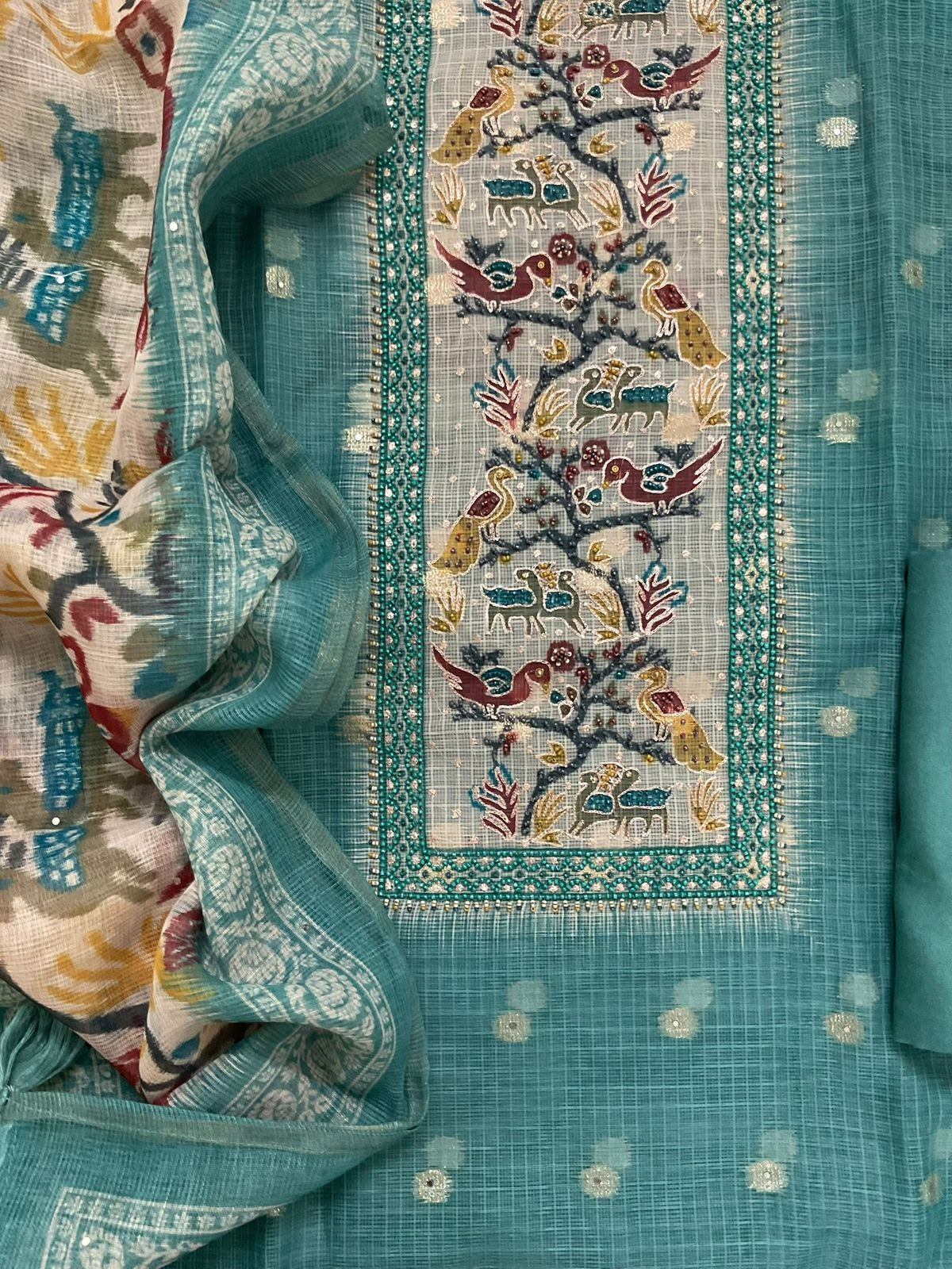 Soft Kota Silk Printed Banarasi Weaved Embroidered Suit - Blue