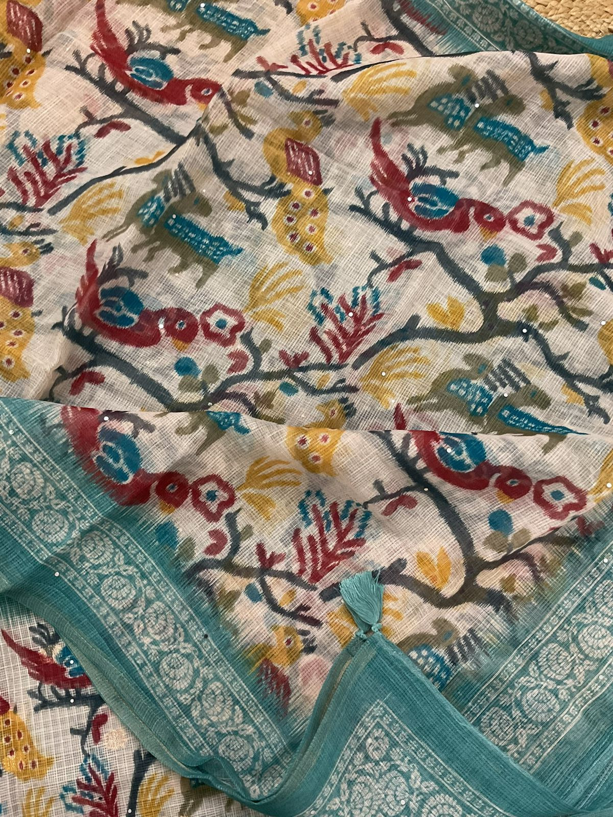 Soft Kota Silk Printed Banarasi Weaved Embroidered Suit - Blue