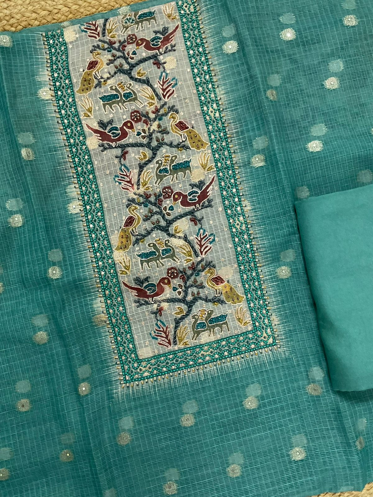 Soft Kota Silk Printed Banarasi Weaved Embroidered Suit - Blue