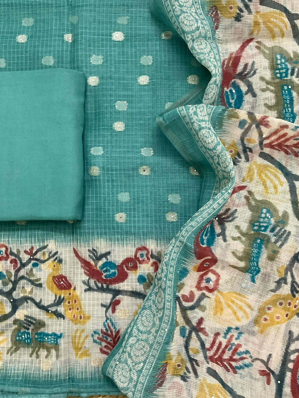 Soft Kota Silk Printed Banarasi Weaved Embroidered Suit - Blue