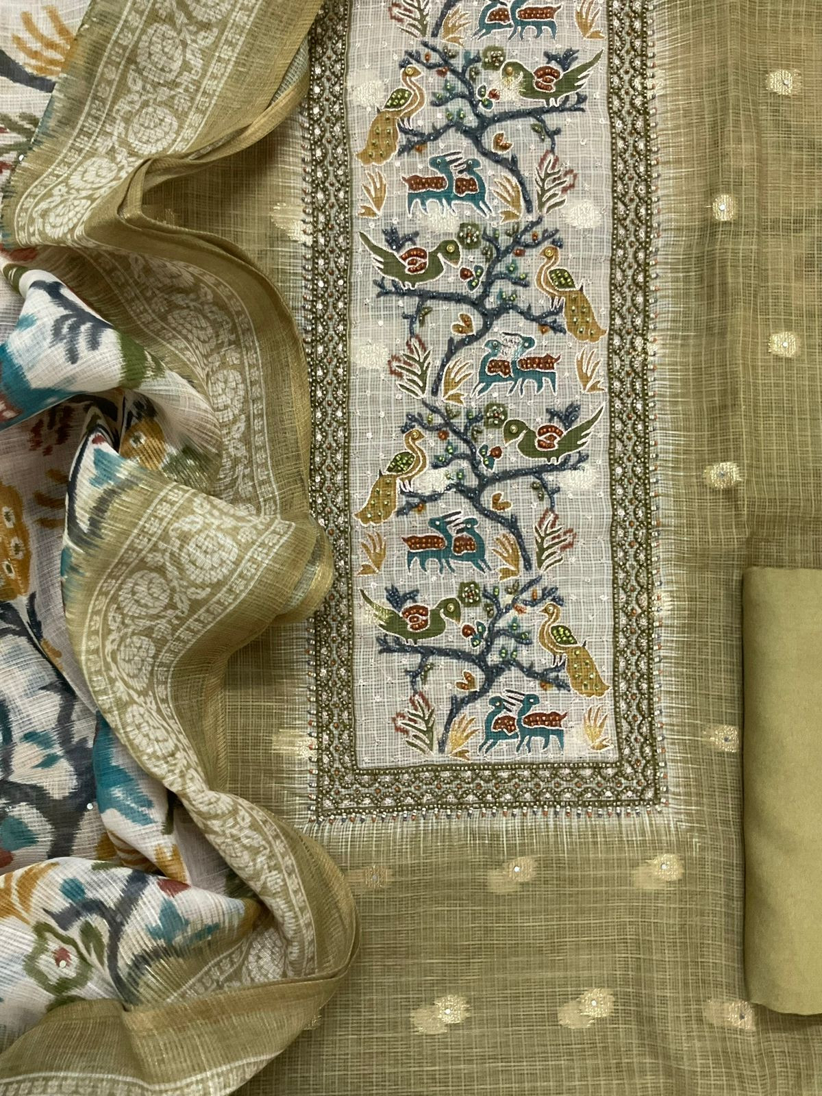 Soft Kota Silk Printed Banarasi Weaved Embroidered Suit - Green