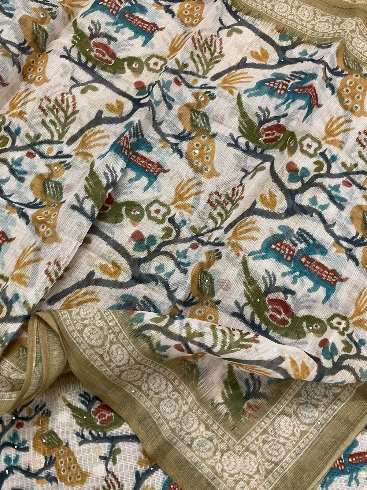 Soft Kota Silk Printed Banarasi Weaved Embroidered Suit - Green