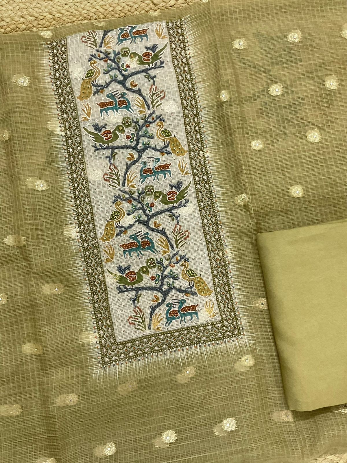 Soft Kota Silk Printed Banarasi Weaved Embroidered Suit - Green