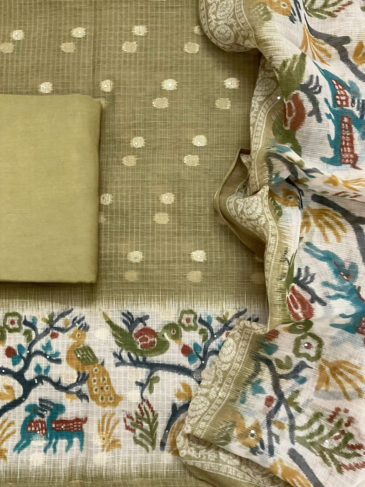 Soft Kota Silk Printed Banarasi Weaved Embroidered Suit - Green