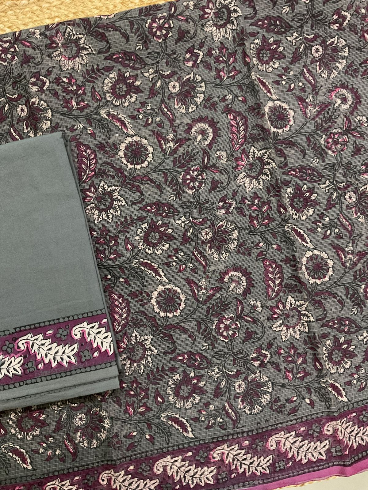 Pure Fine Kota Cotton Printed Suit - Grey