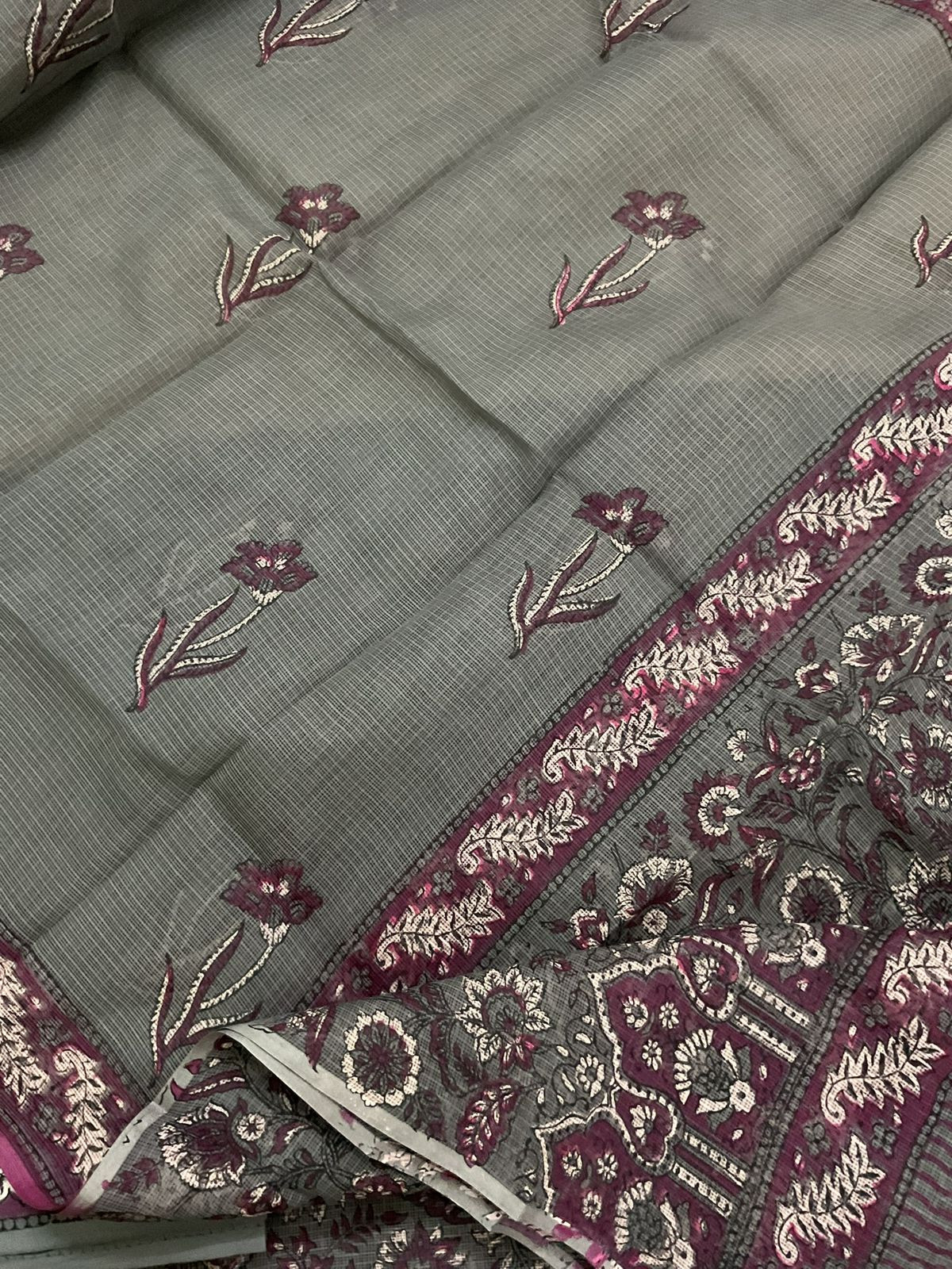 Pure Fine Kota Cotton Printed Suit - Grey