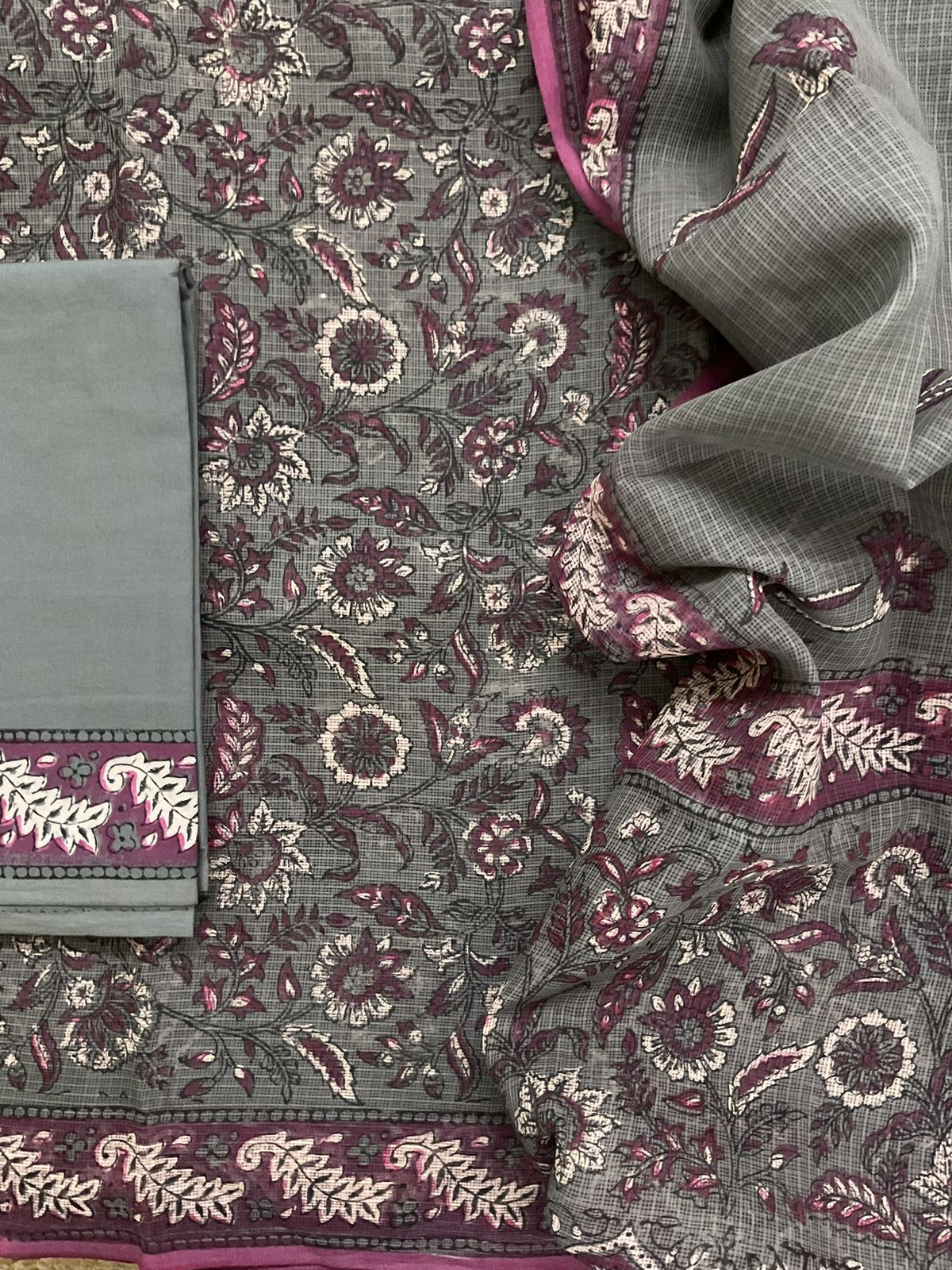 Pure Fine Kota Cotton Printed Suit - Grey