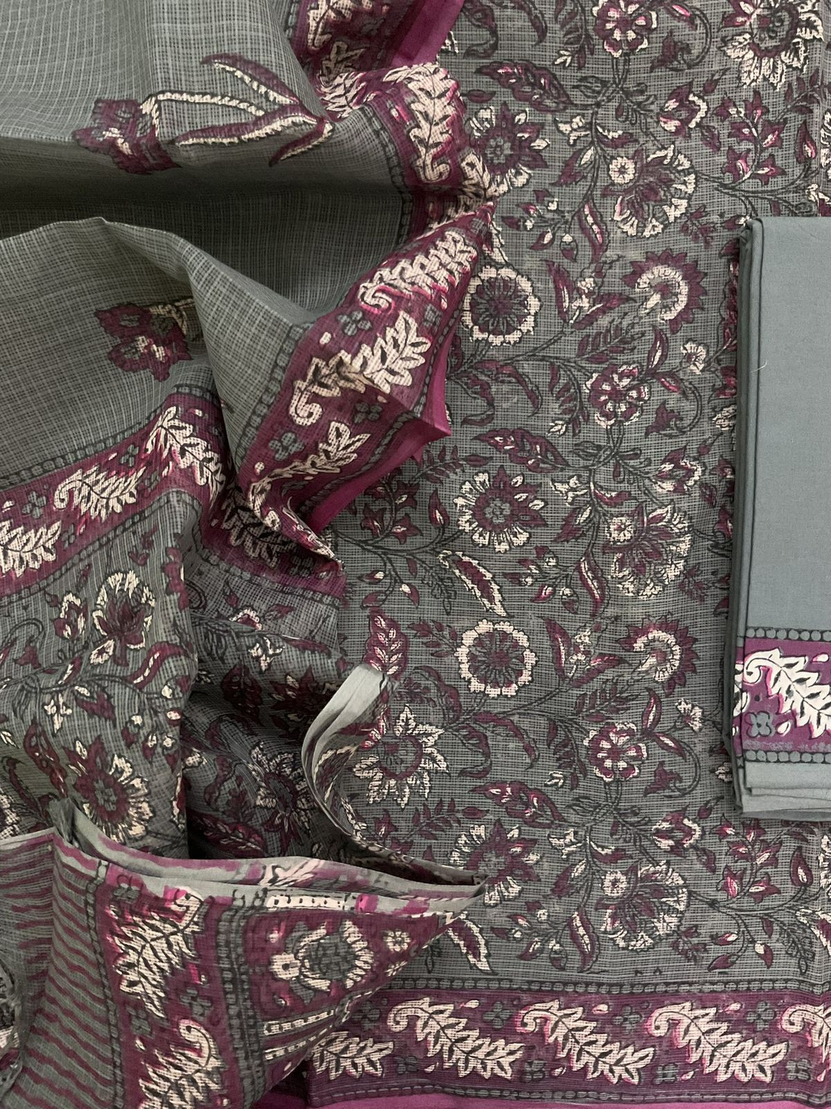 Pure Fine Kota Cotton Printed Suit - Grey