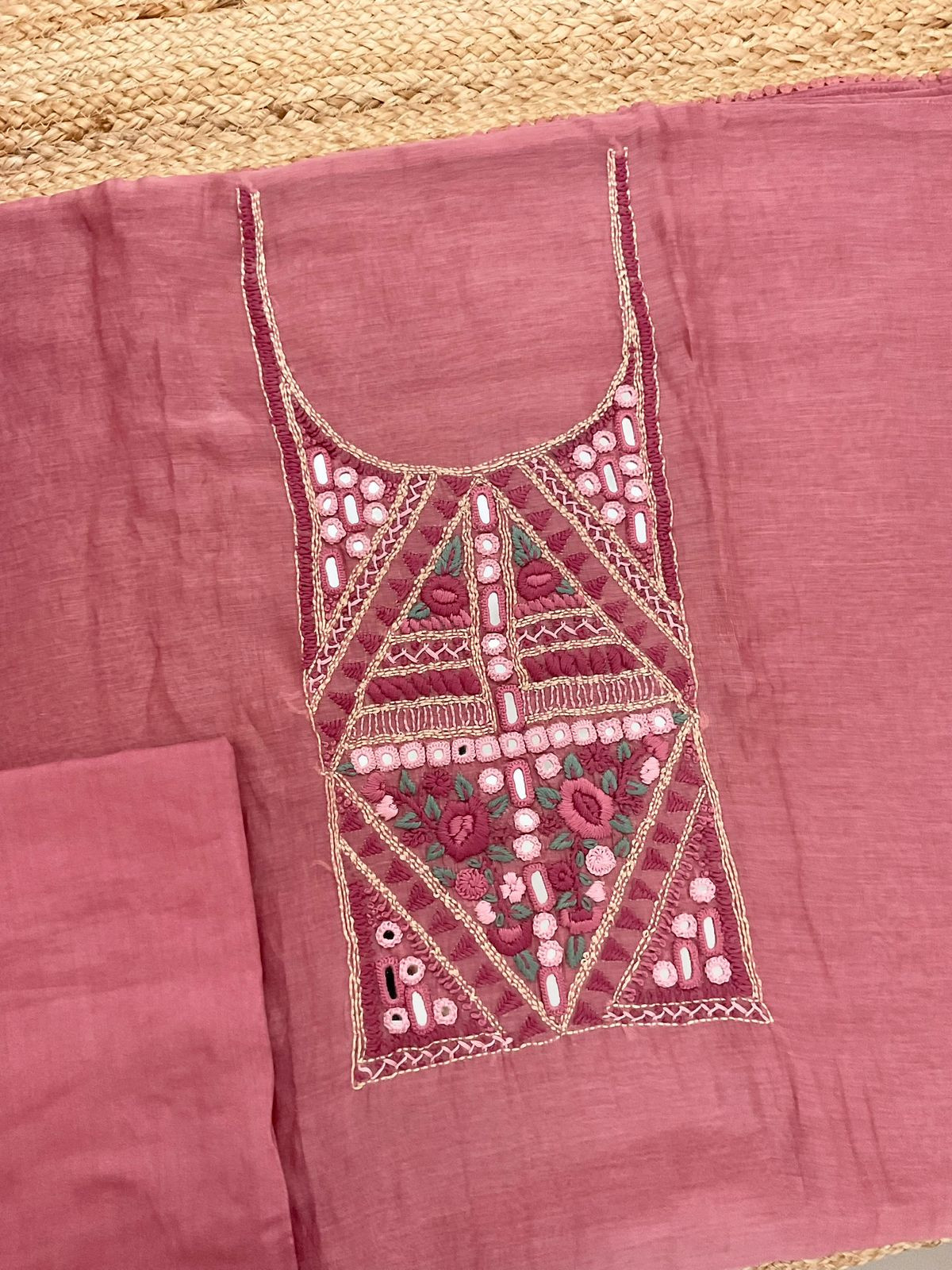 Pure Mul Chanderi Embroidered Suit - Peach