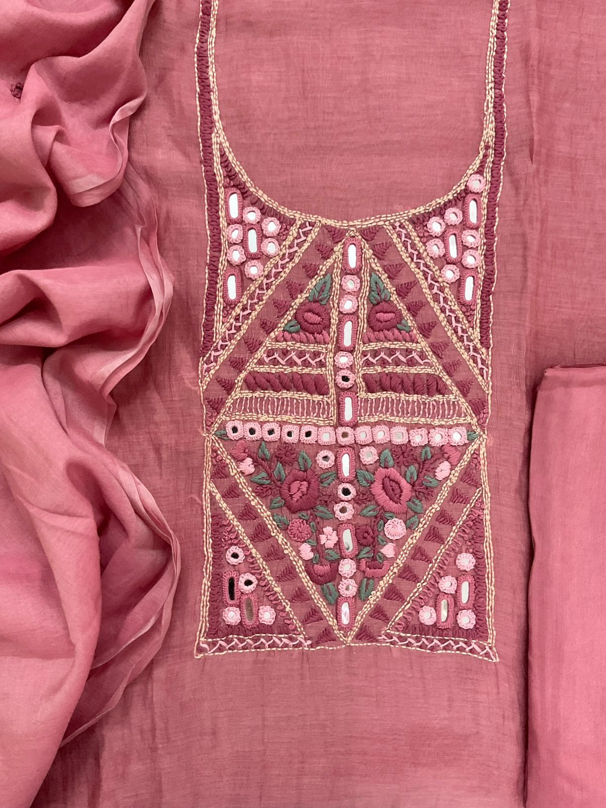 Pure Mul Chanderi Embroidered Suit - Peach