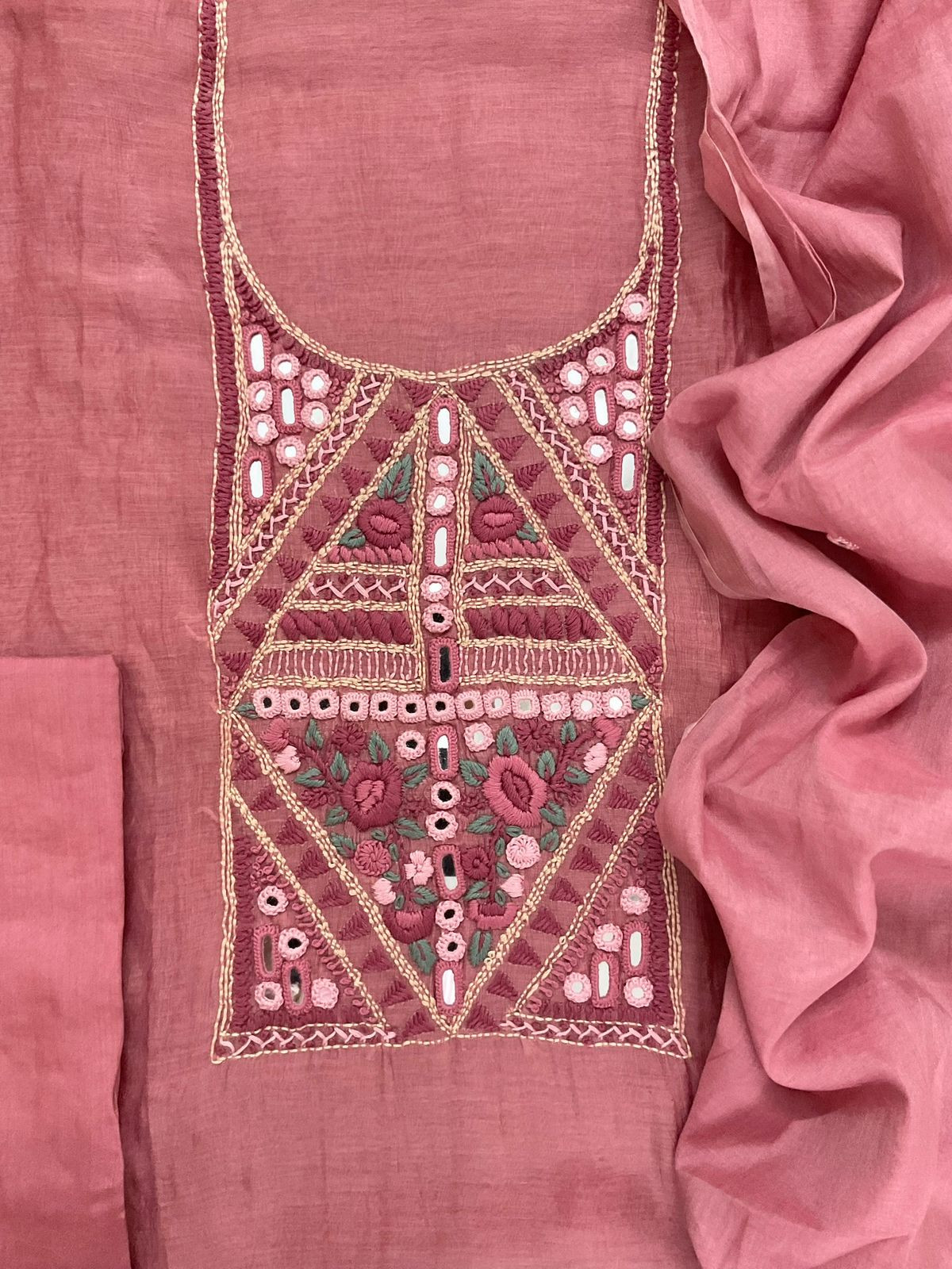 Pure Mul Chanderi Embroidered Suit - Peach