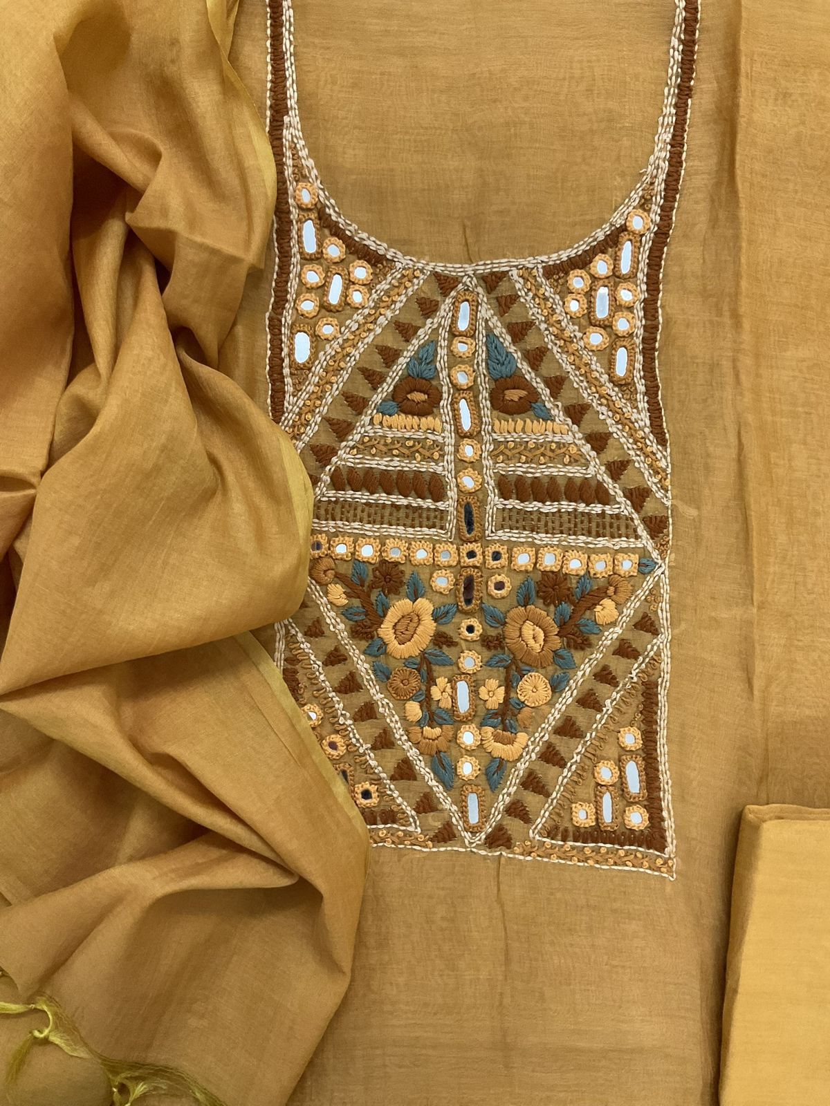 Pure Mul Chanderi Embroidered Suit - Yellow