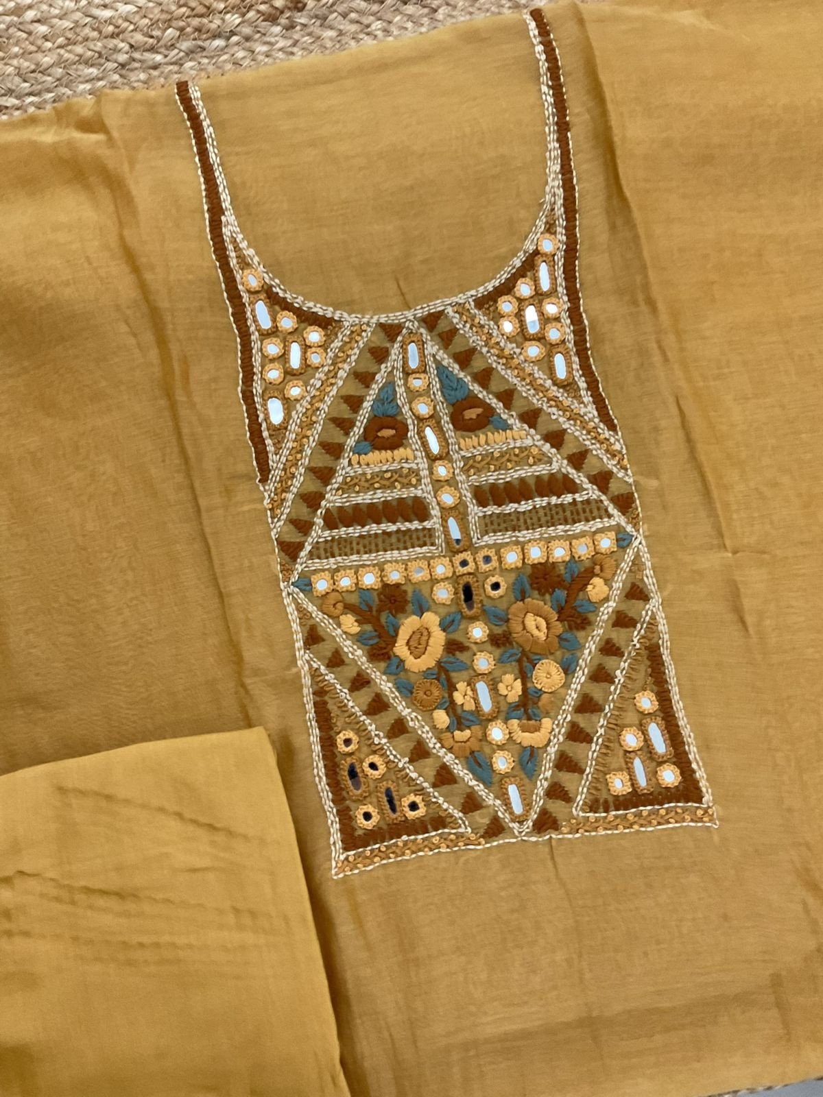 Pure Mul Chanderi Embroidered Suit - Yellow