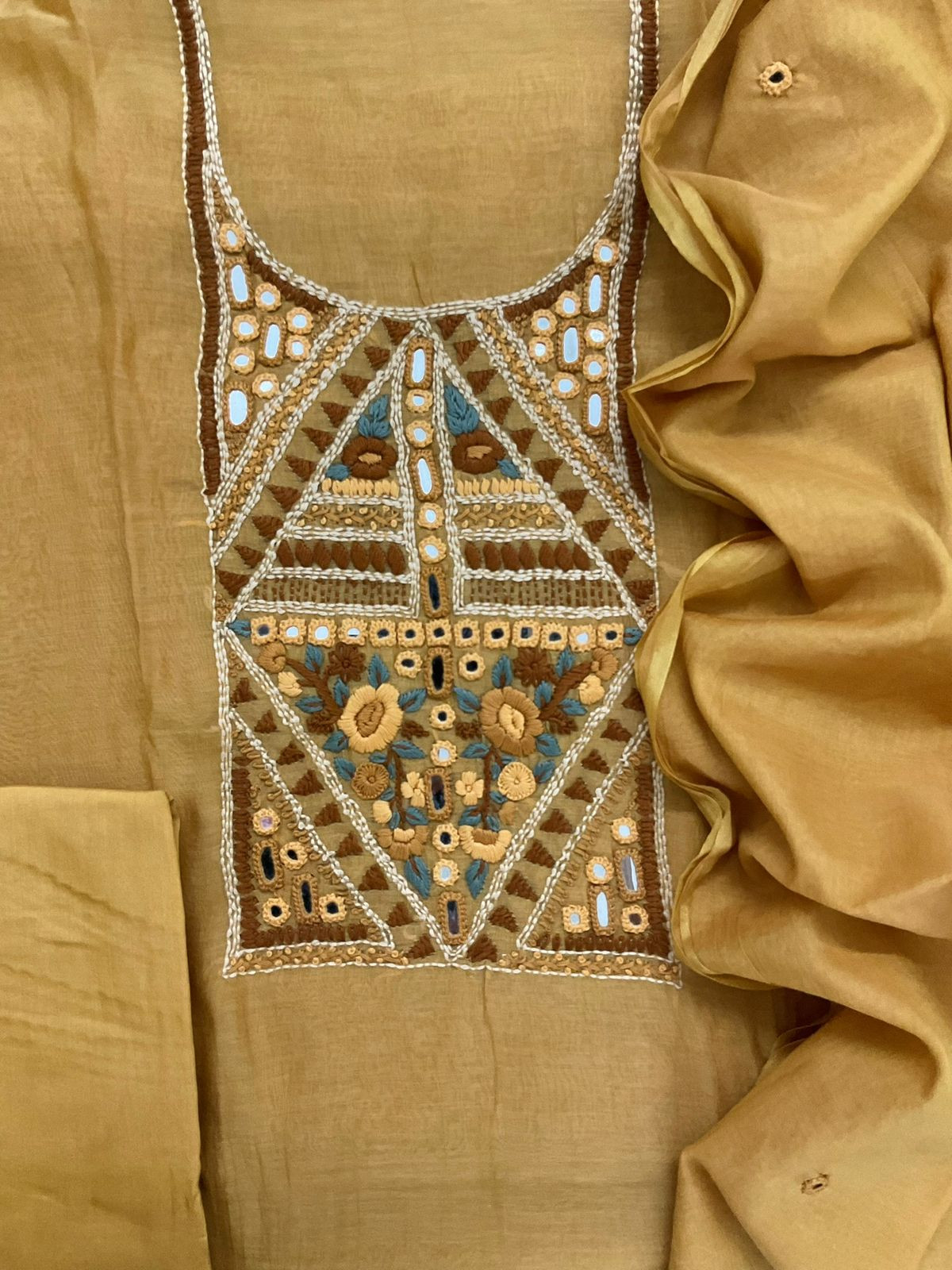 Pure Mul Chanderi Embroidered Suit - Yellow