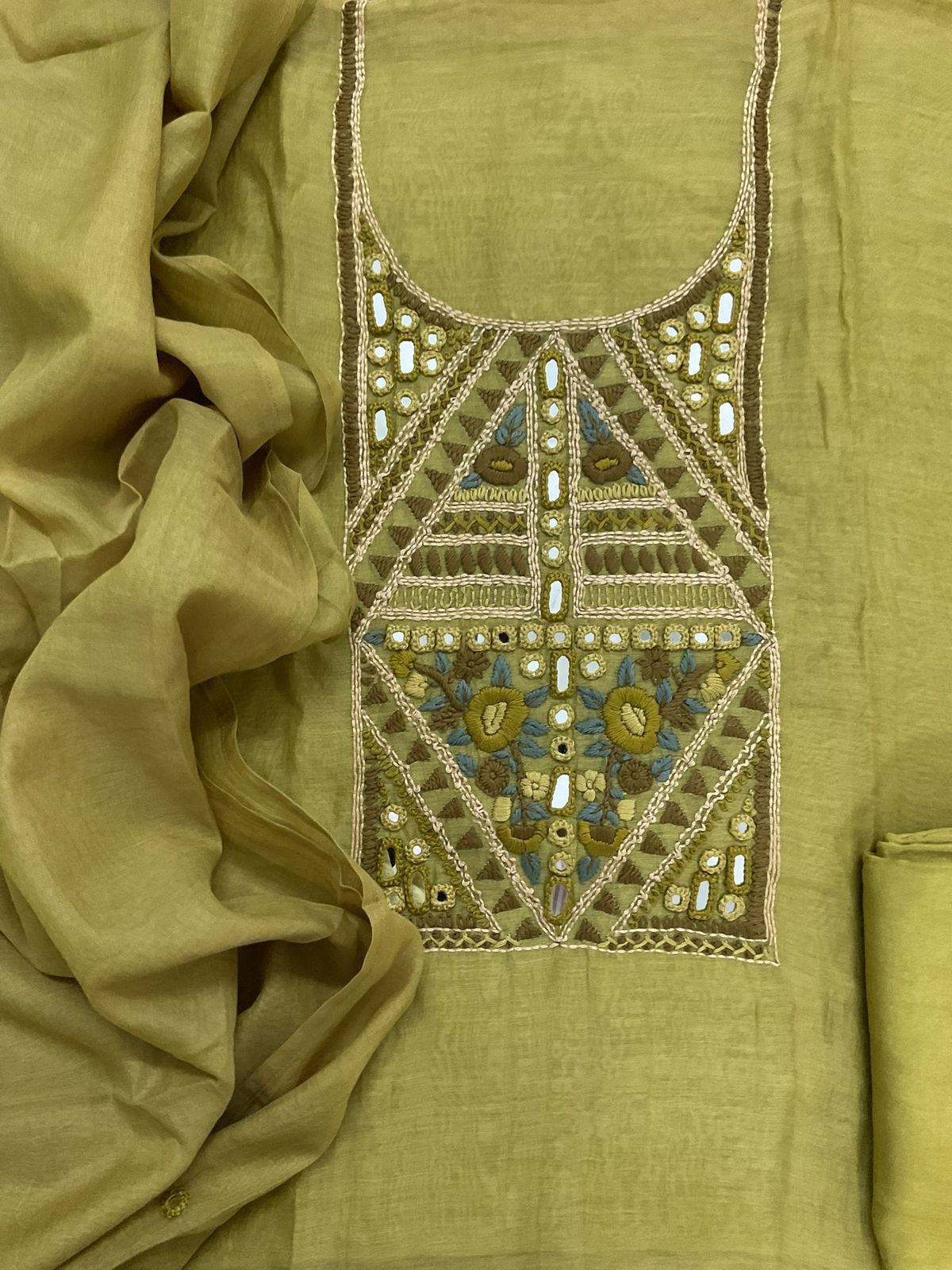 Pure Mul Chanderi Embroidered Suit - Green