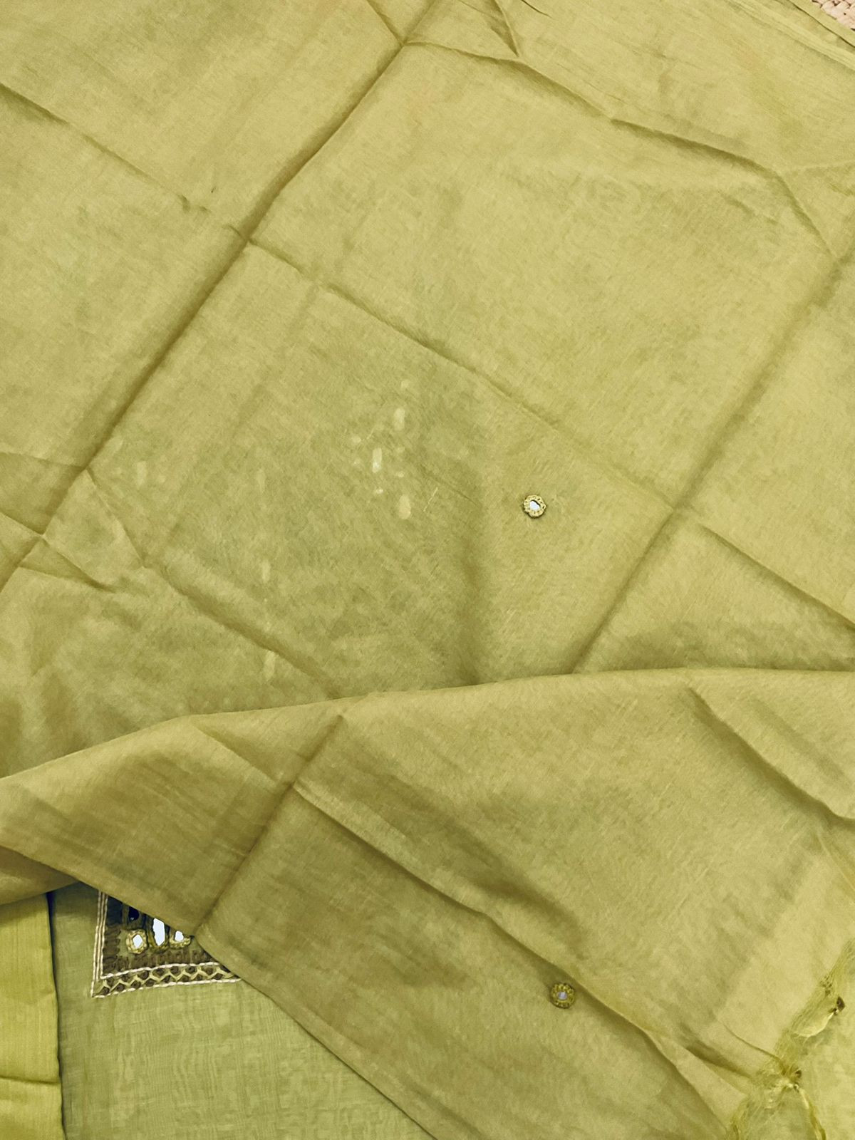 Pure Mul Chanderi Embroidered Suit - Green