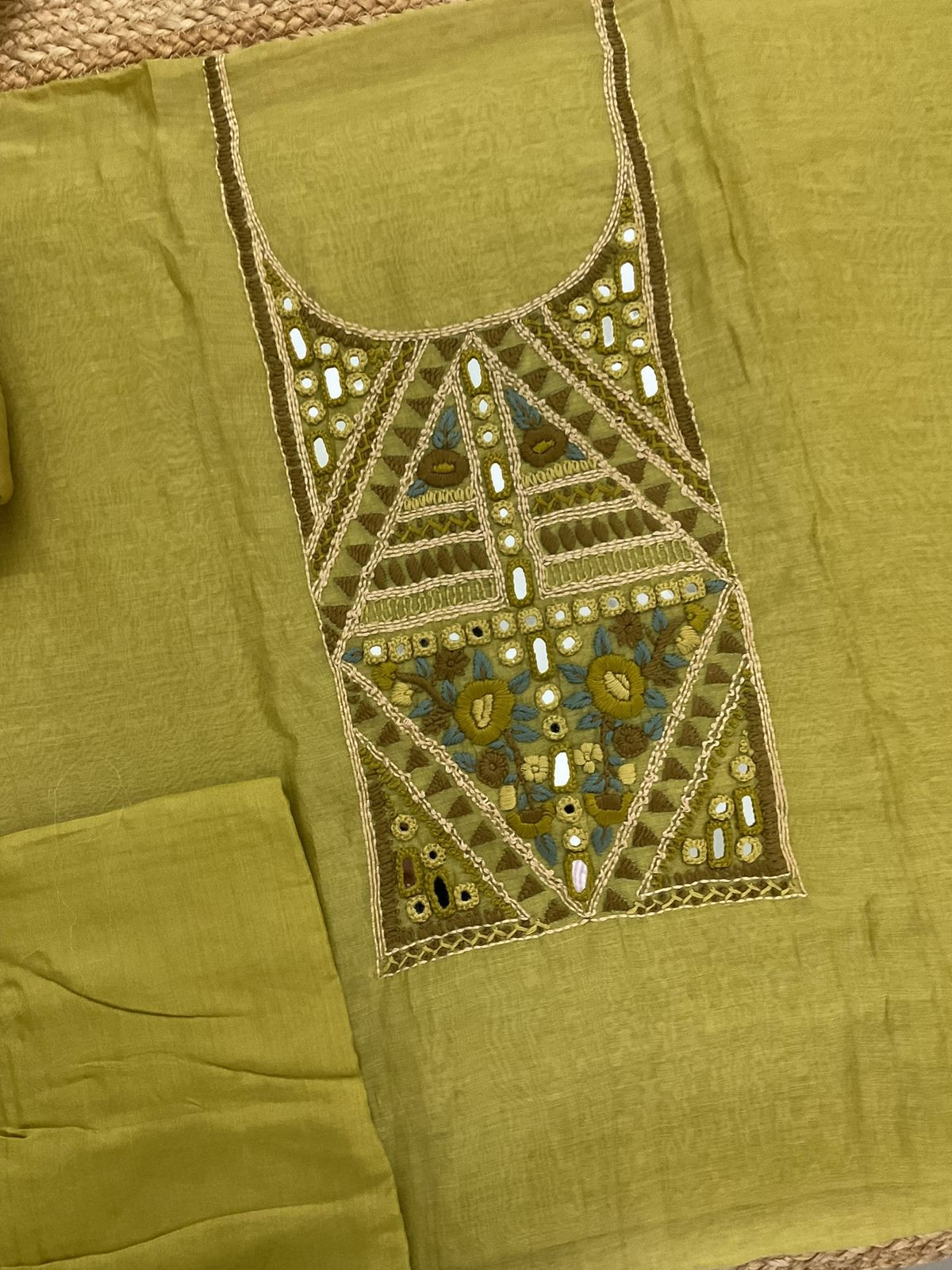 Pure Mul Chanderi Embroidered Suit - Green