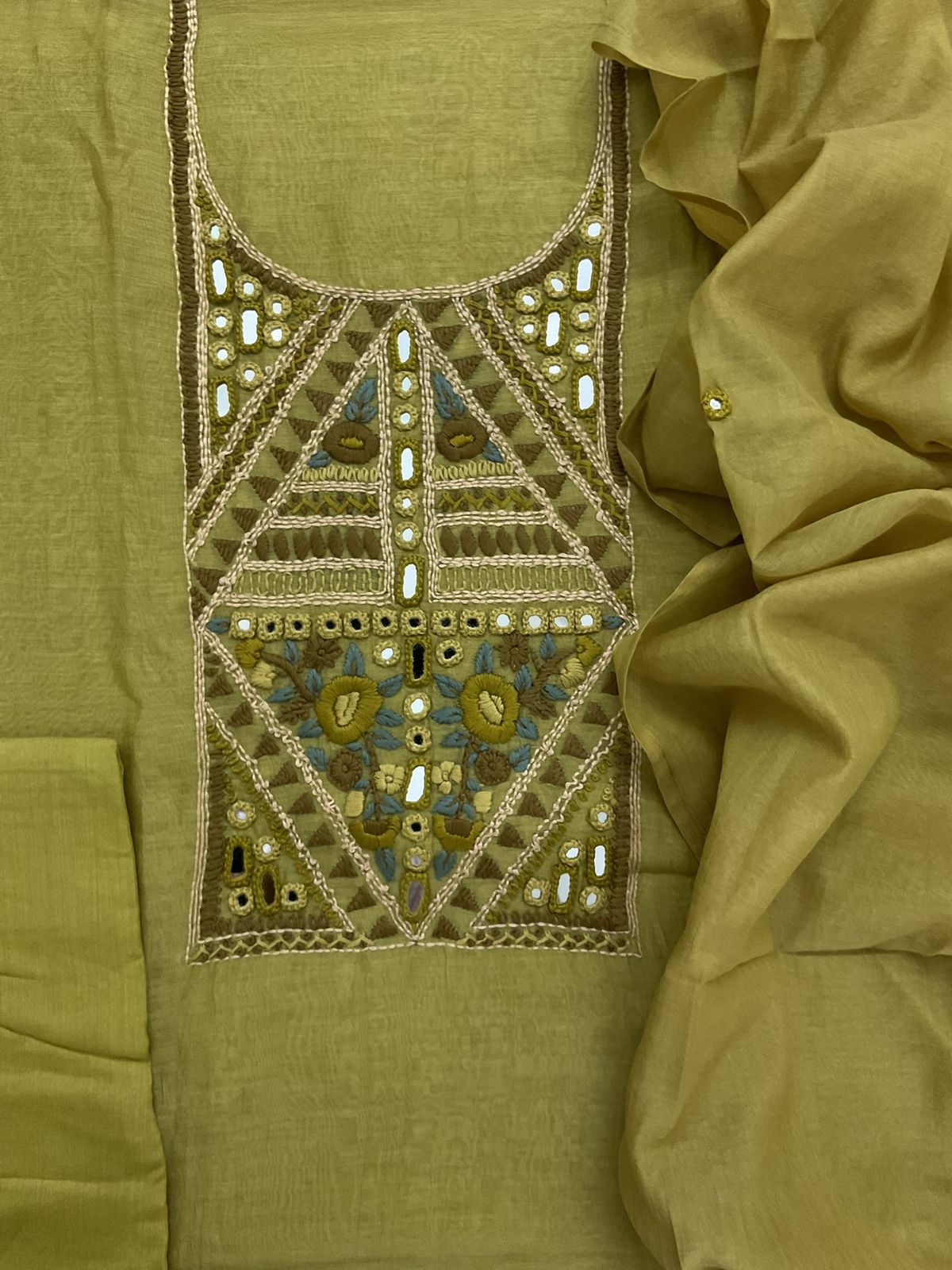 Pure Mul Chanderi Embroidered Suit - Green