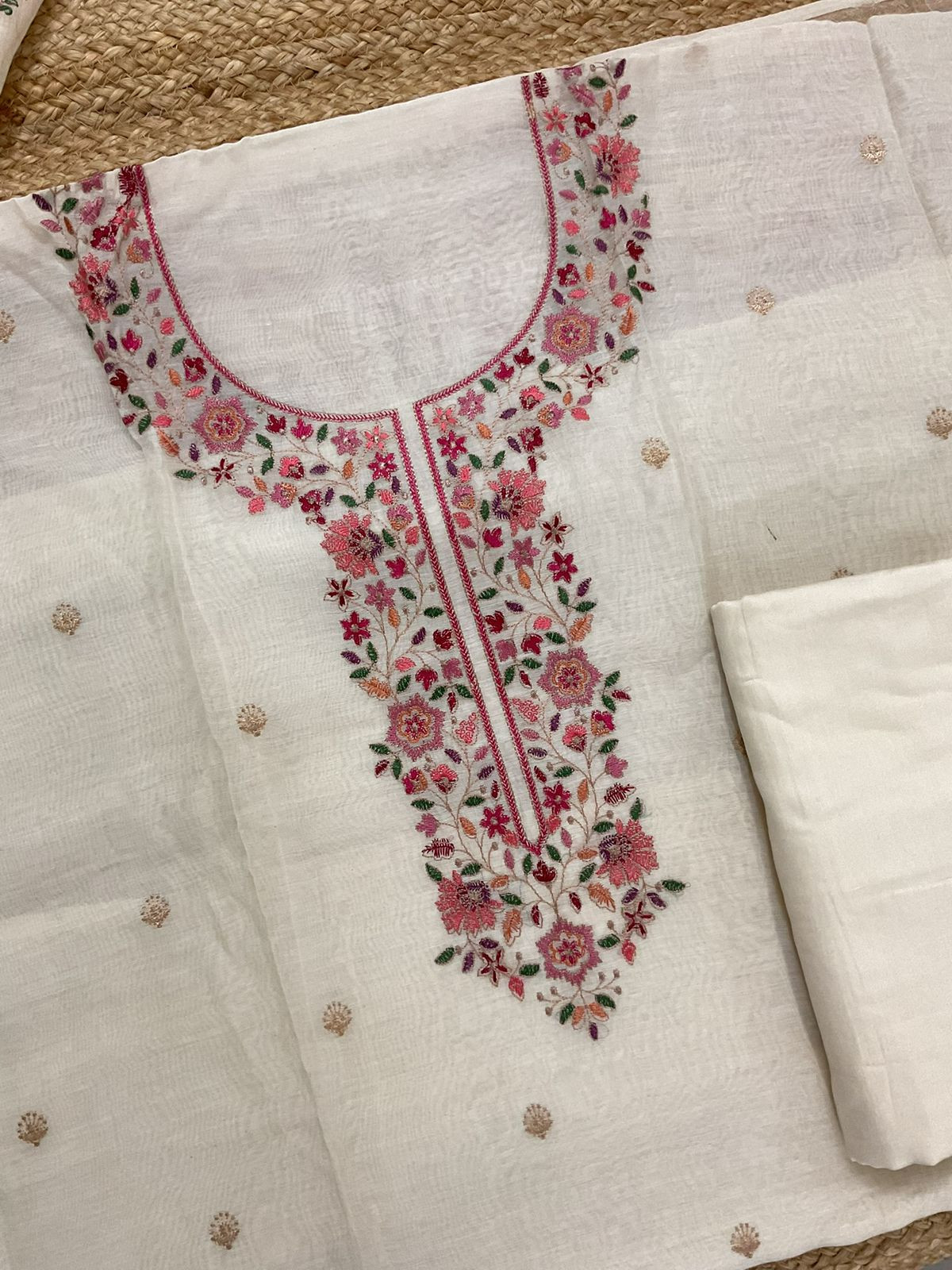 Pure Mul Chanderi Embroidered Suit - Cream