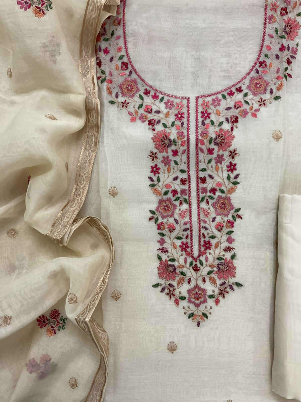 Pure Mul Chanderi Embroidered Suit - Cream