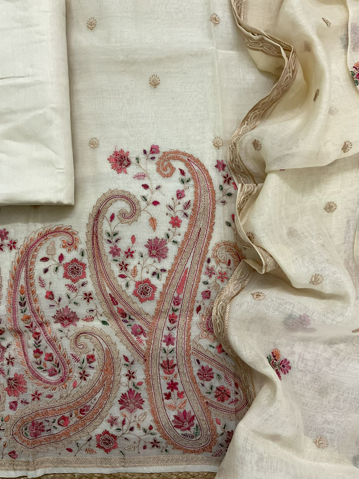 Pure Mul Chanderi Embroidered Suit - Cream