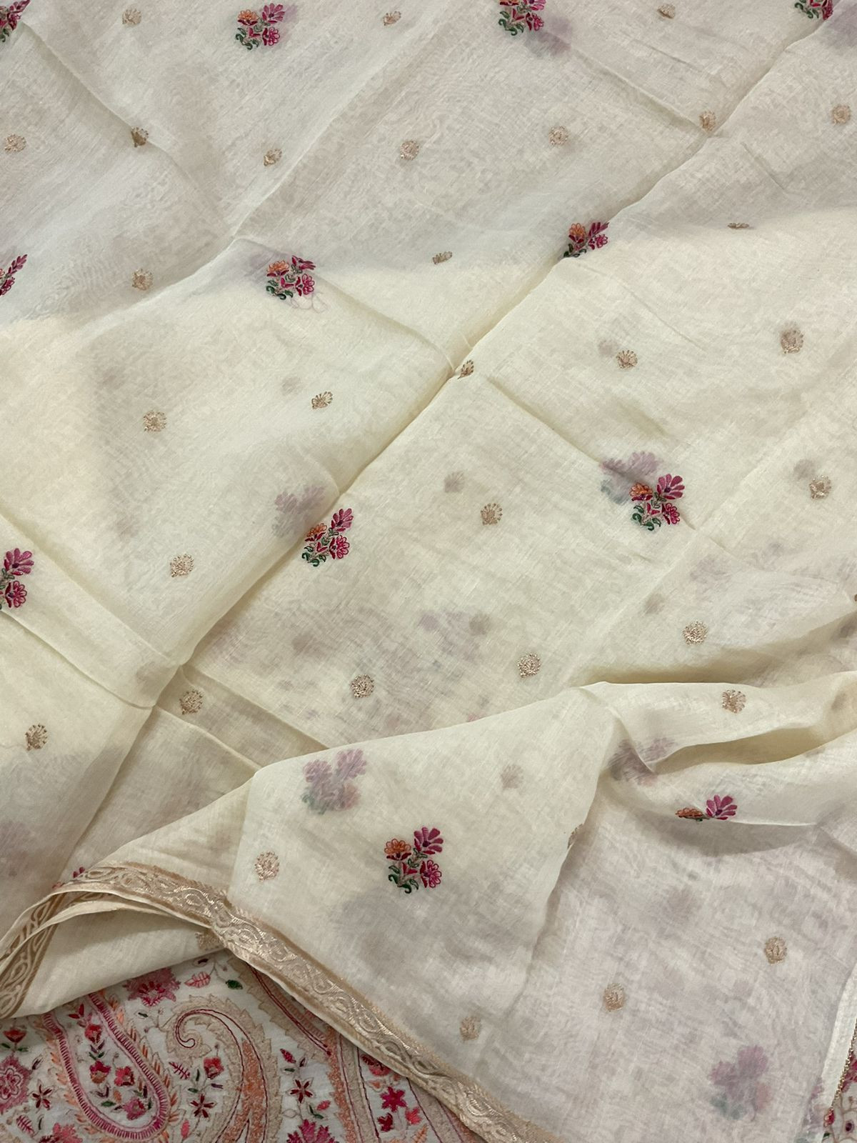 Pure Mul Chanderi Embroidered Suit - Cream
