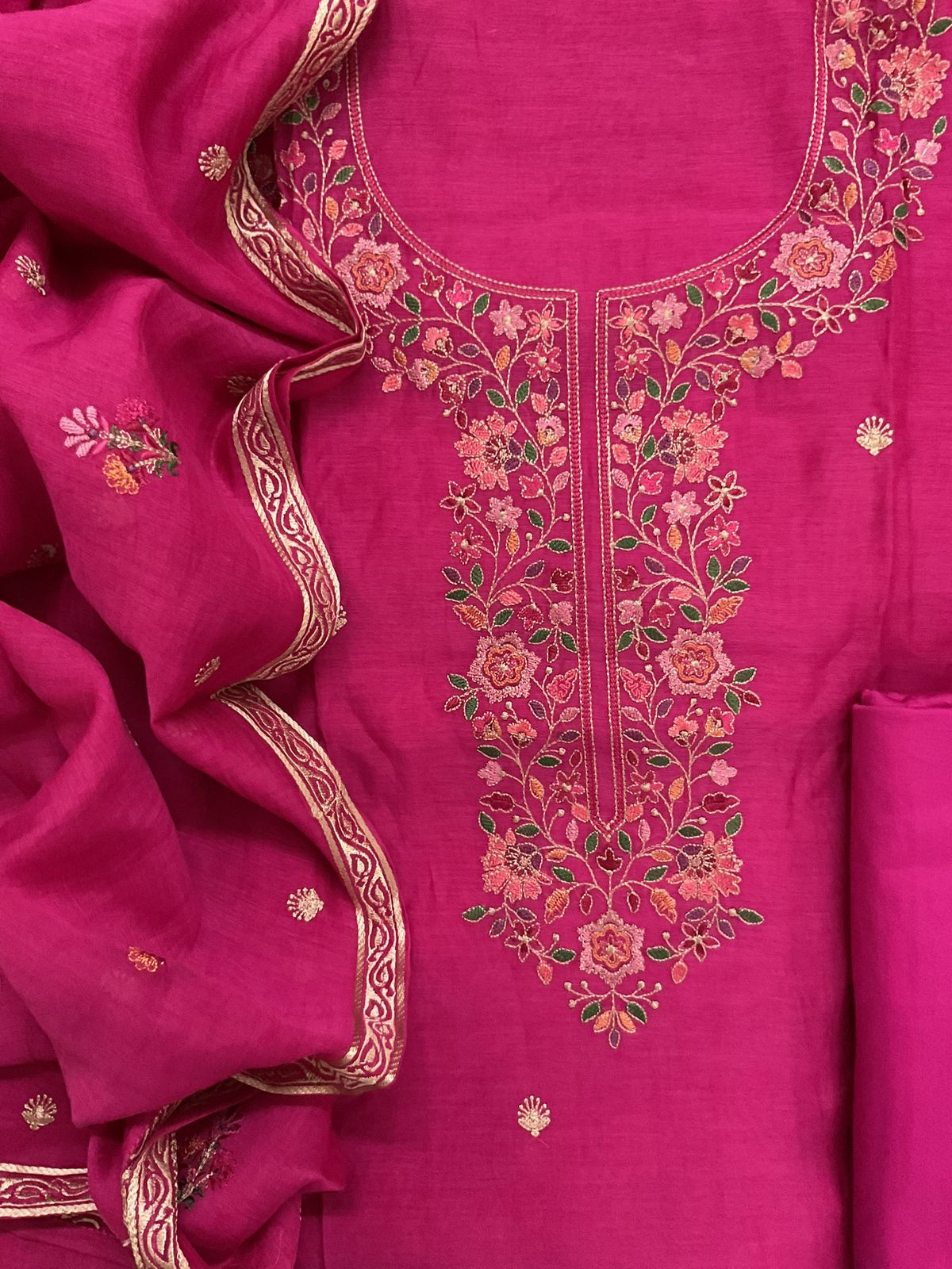Pure Mul Chanderi Embroidered Suit - Pink
