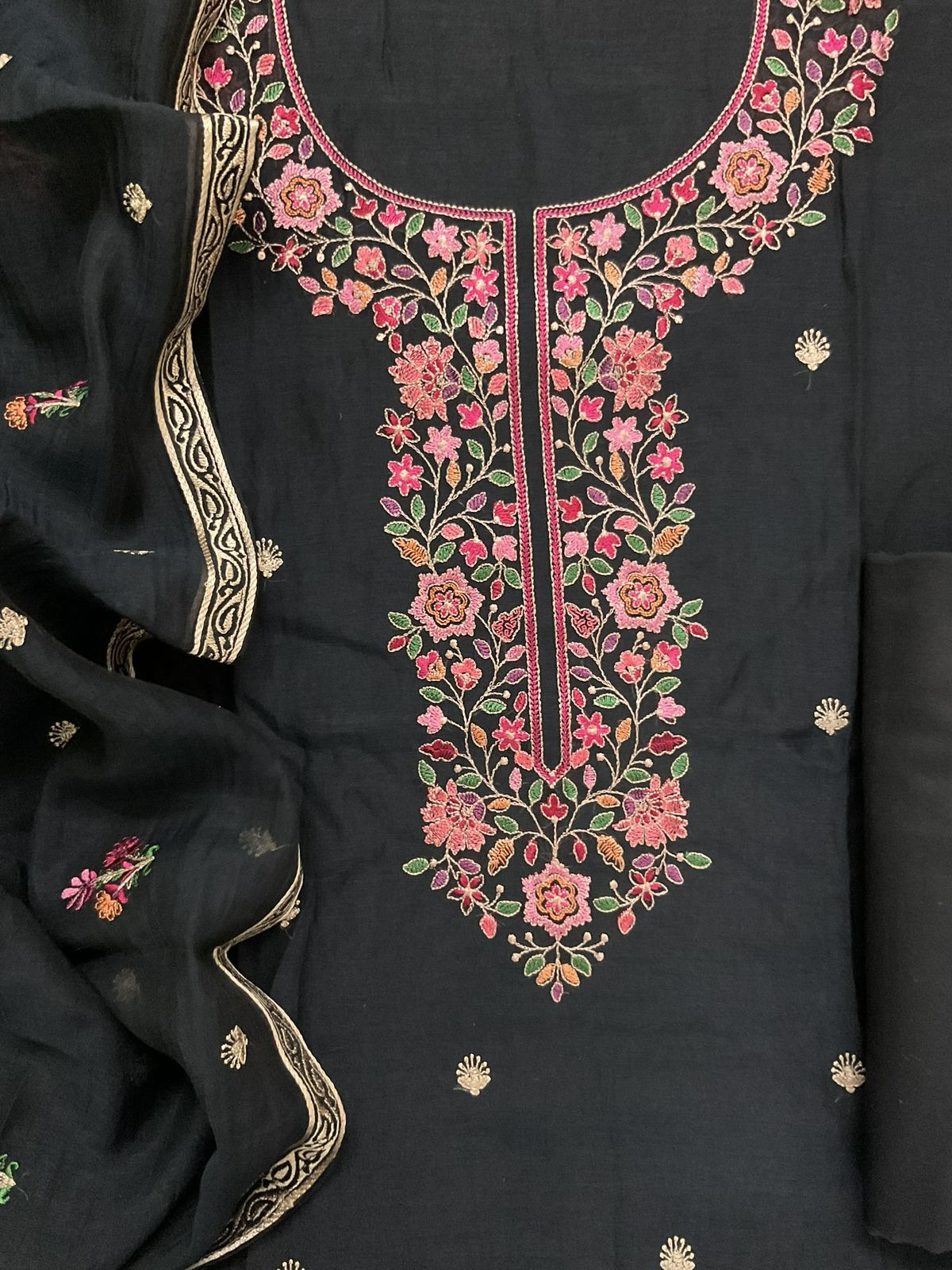 Pure Mul Chanderi Embroidered Suit - Black