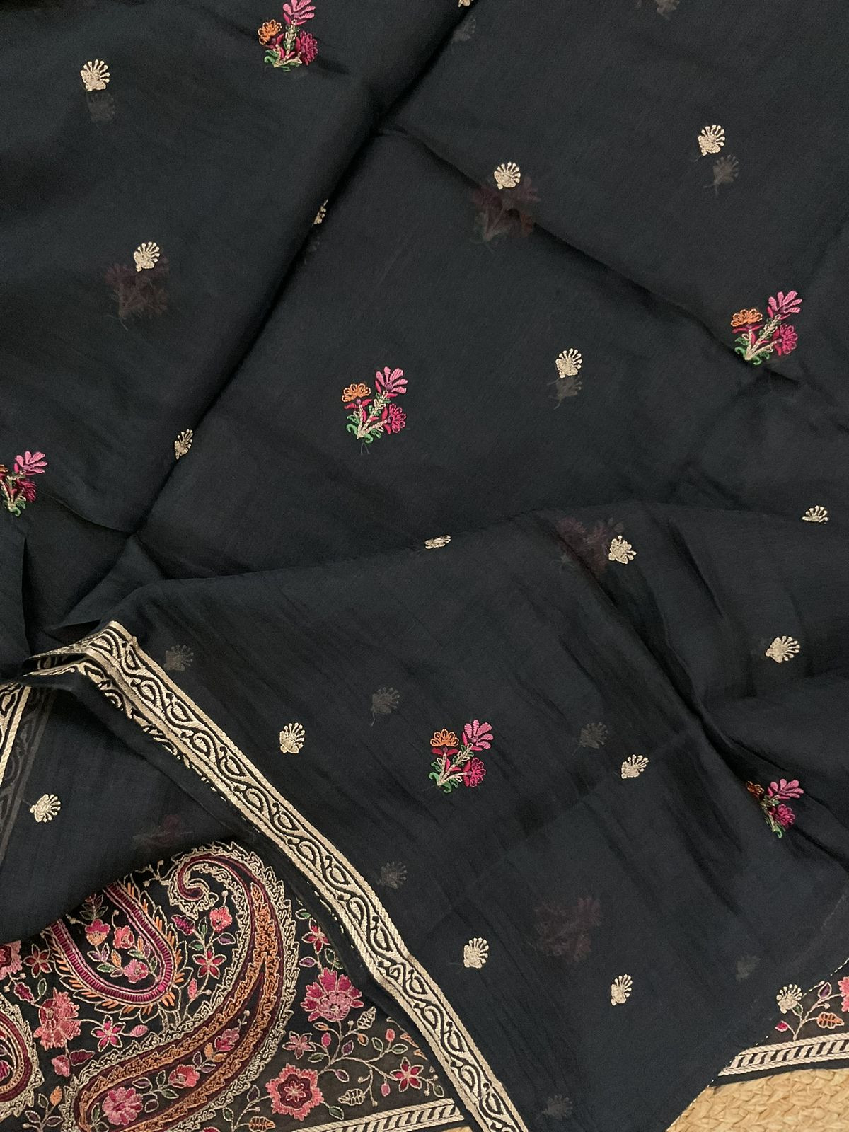 Pure Mul Chanderi Embroidered Suit - Black
