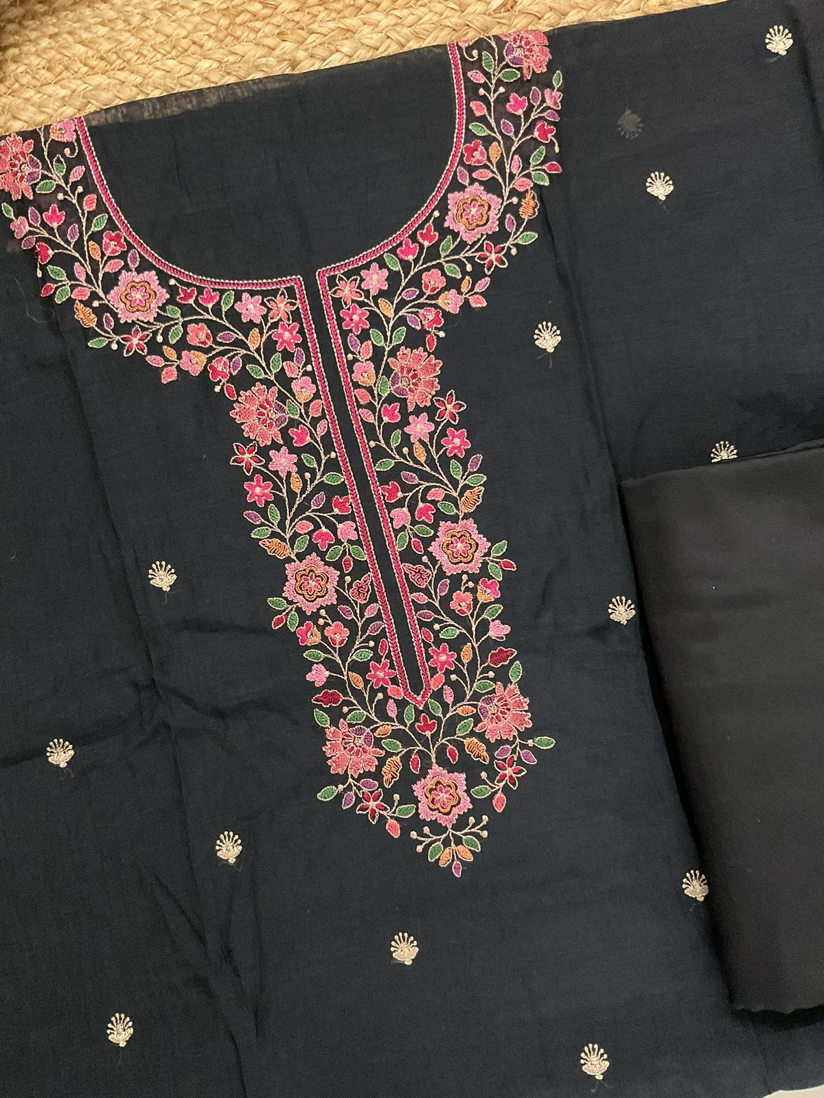 Pure Mul Chanderi Embroidered Suit - Black