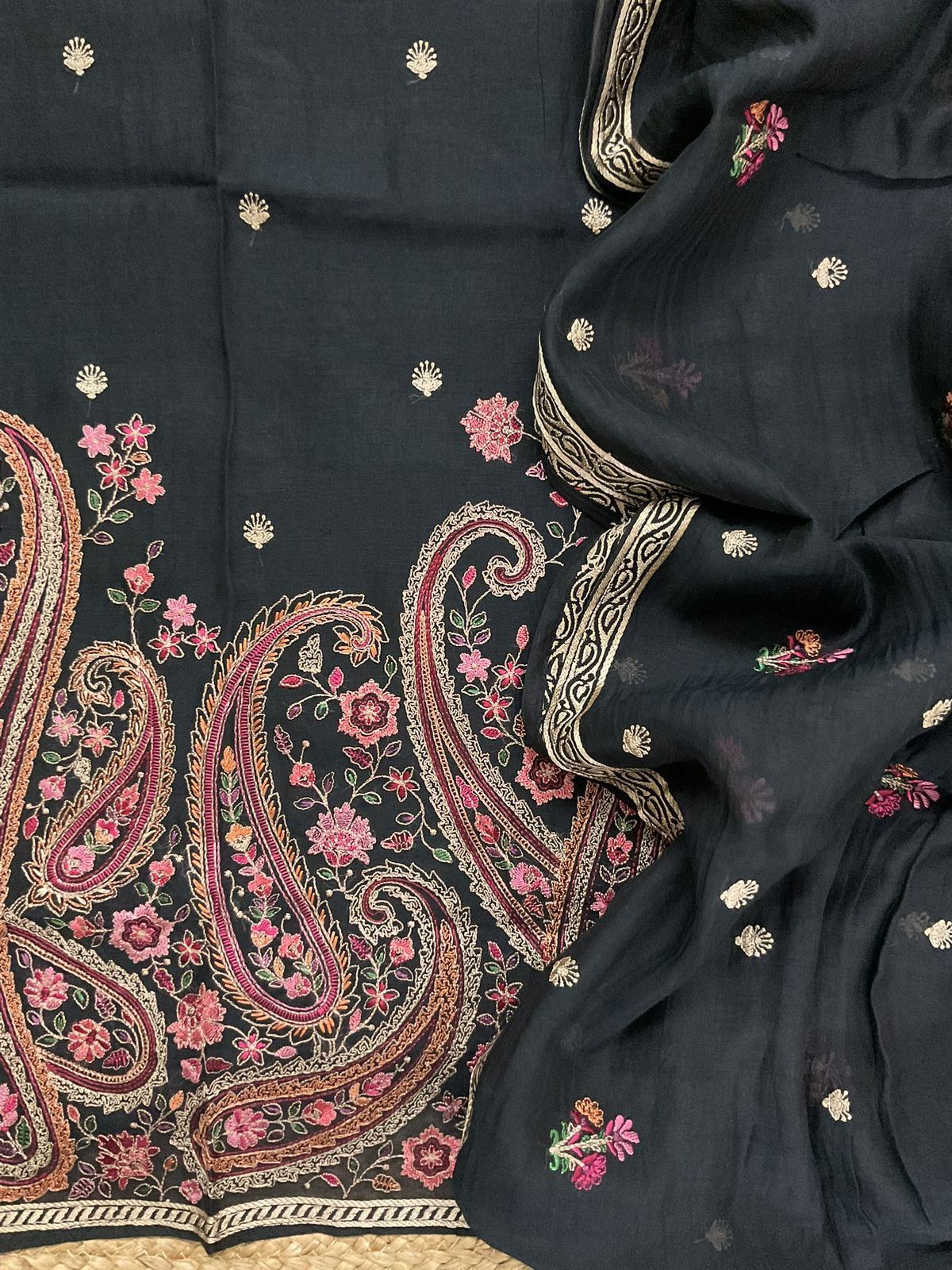 Pure Mul Chanderi Embroidered Suit - Black