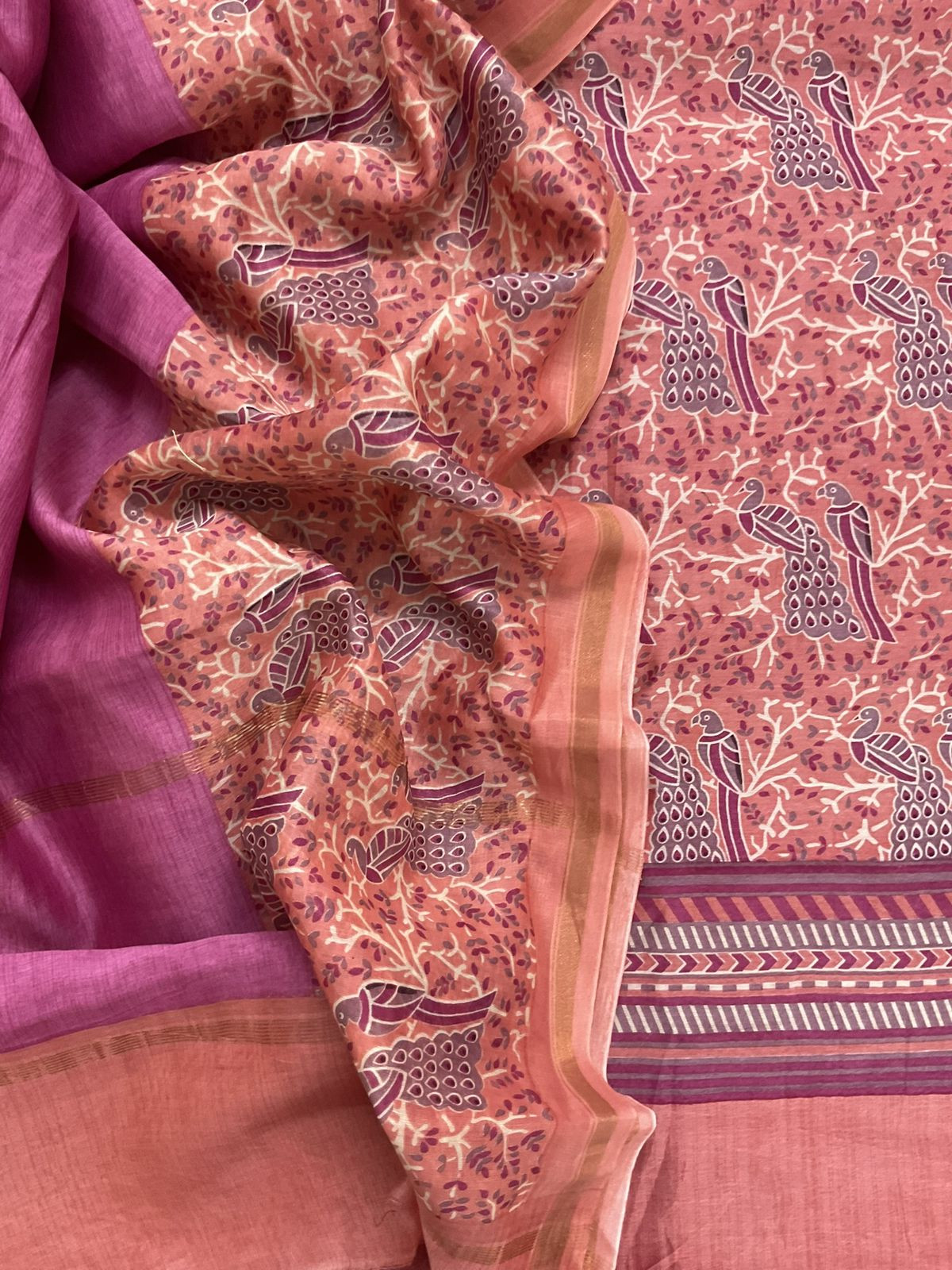 Pure Mul Chanderi Printed Suit - Peach