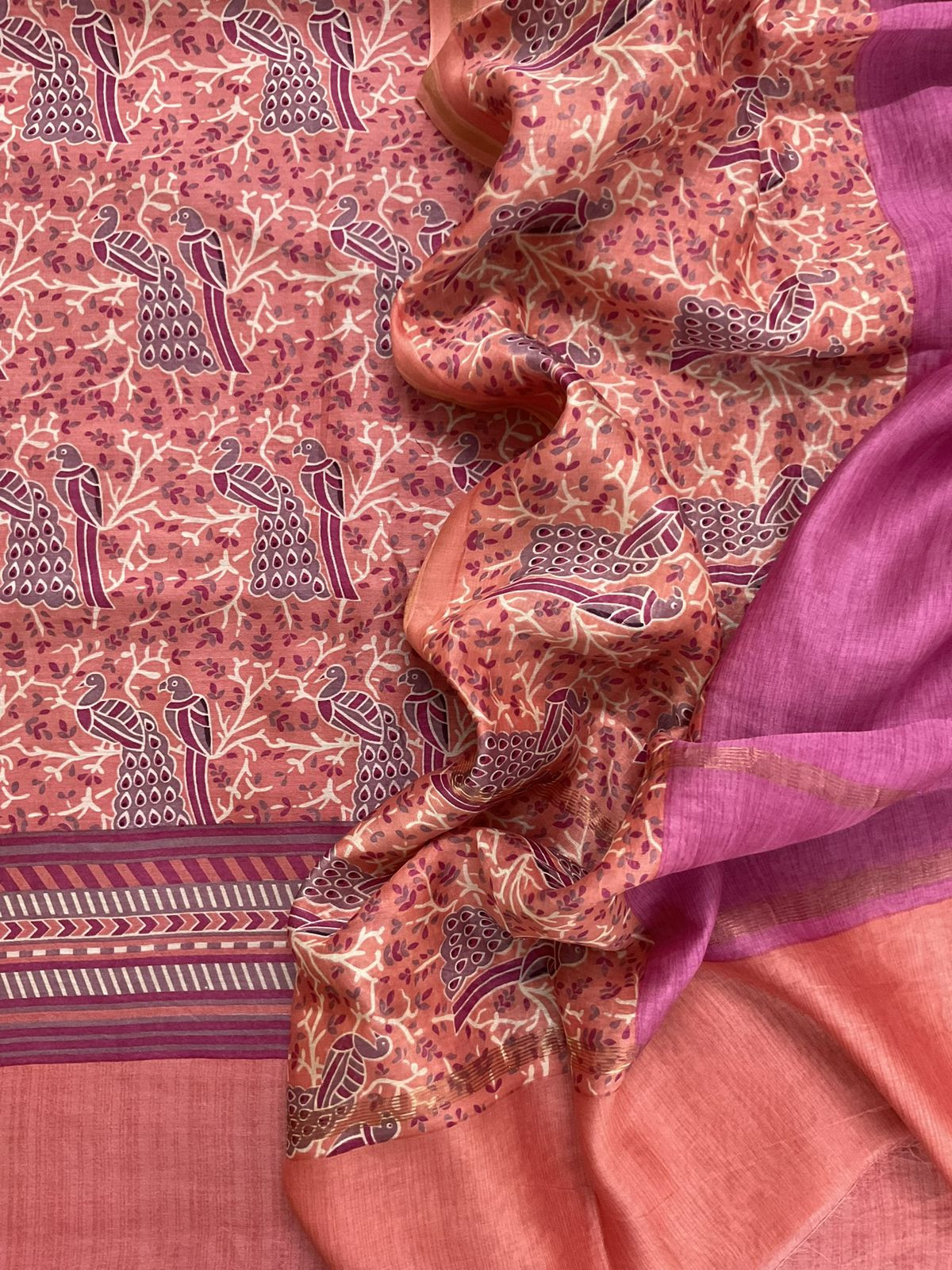 Pure Mul Chanderi Printed Suit - Peach