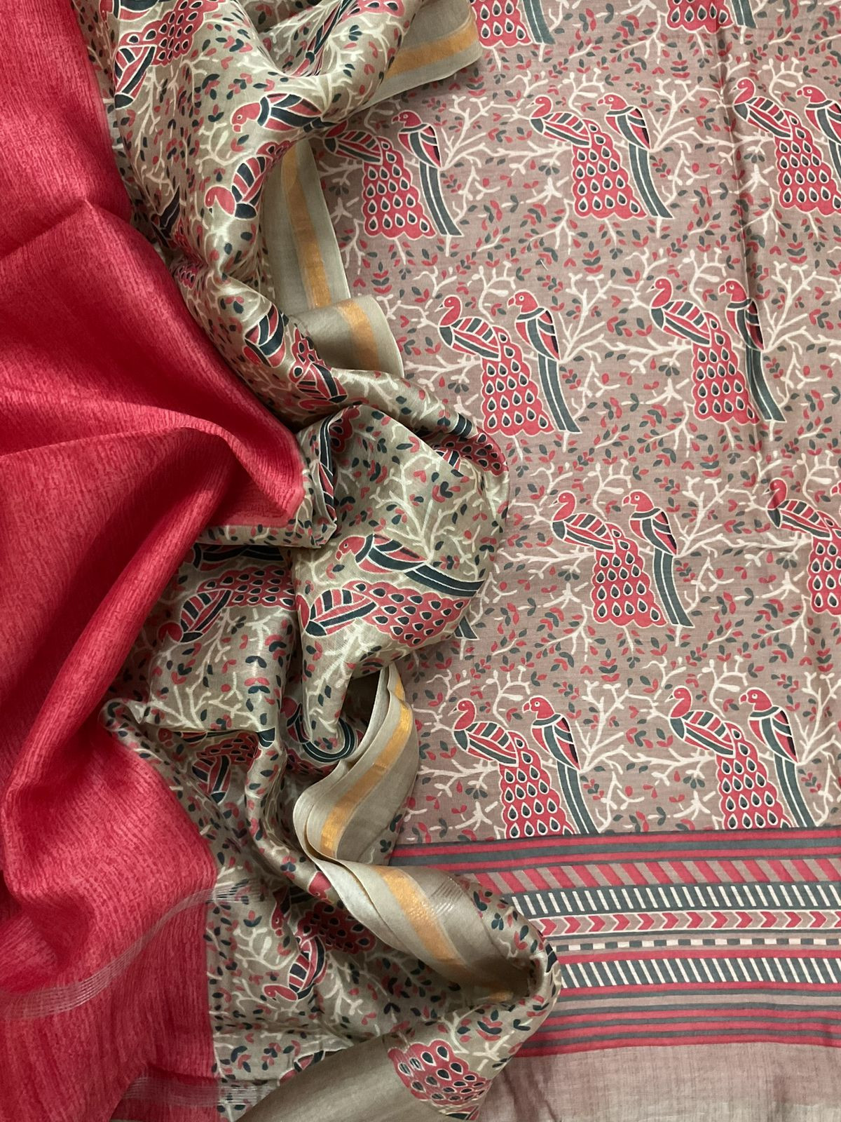 Pure Mul Chanderi Printed Suit - Beige
