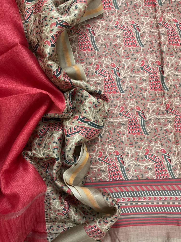Image of Pure Mul Chanderi Printed Suit - Beige