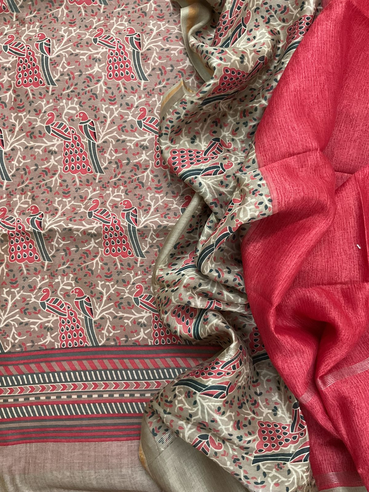 Pure Mul Chanderi Printed Suit - Beige