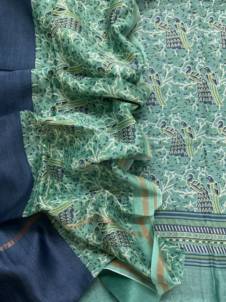 Image of Pure Mul Chanderi Printed Suit - Blue