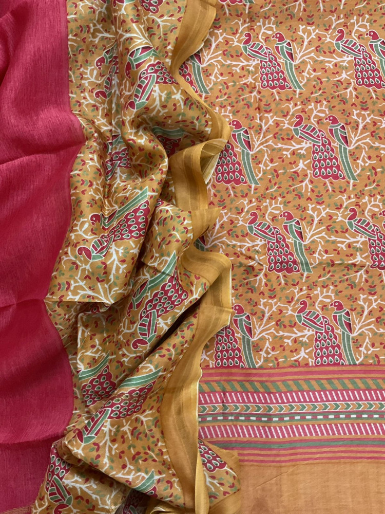 Image of Pure Mul Chanderi Printed Suit - Mustard