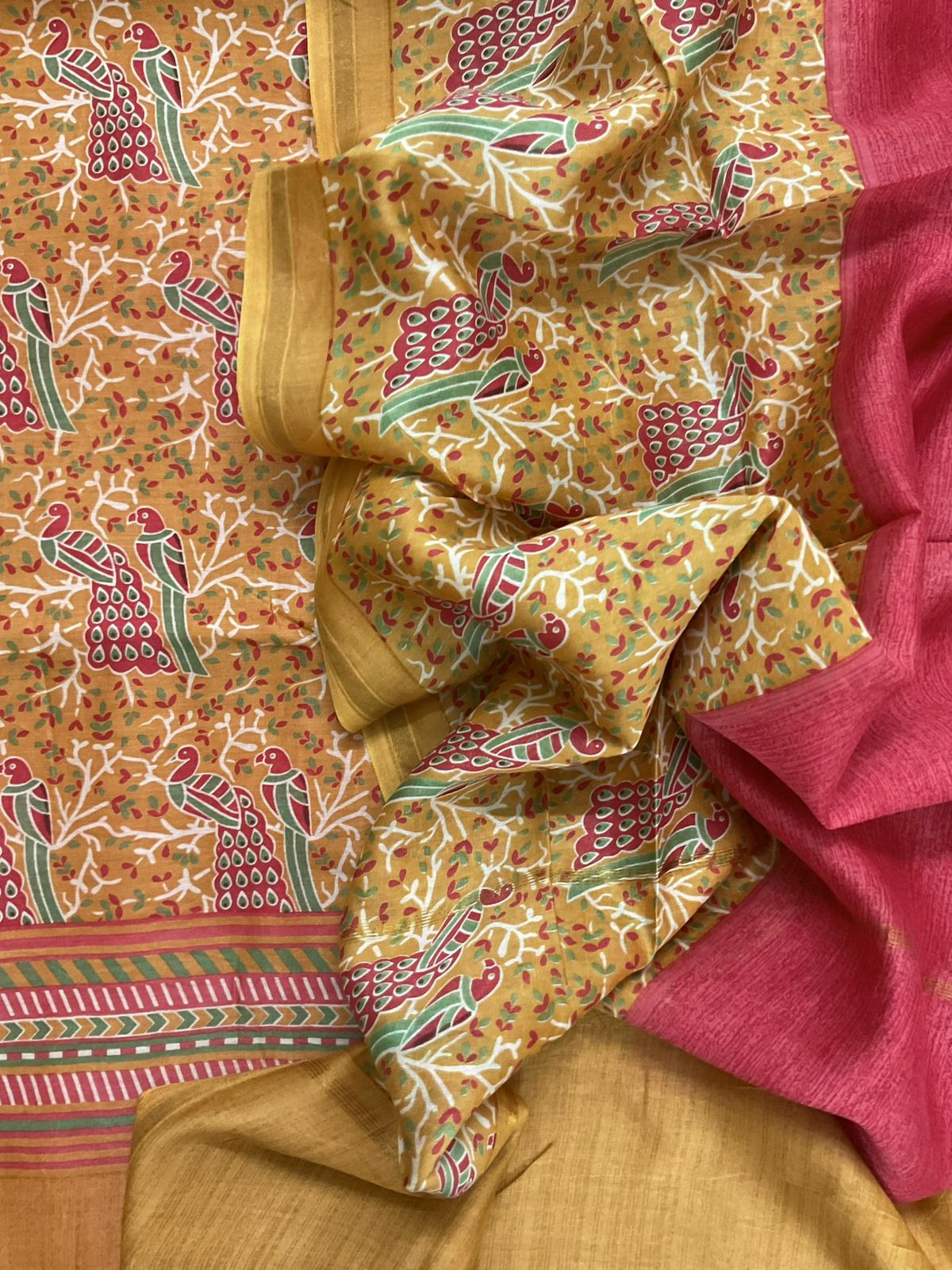 Pure Mul Chanderi Printed Suit - Mustard