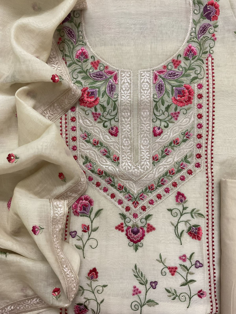 Image of Pure Mul Chanderi Embroidered Suit - Cream