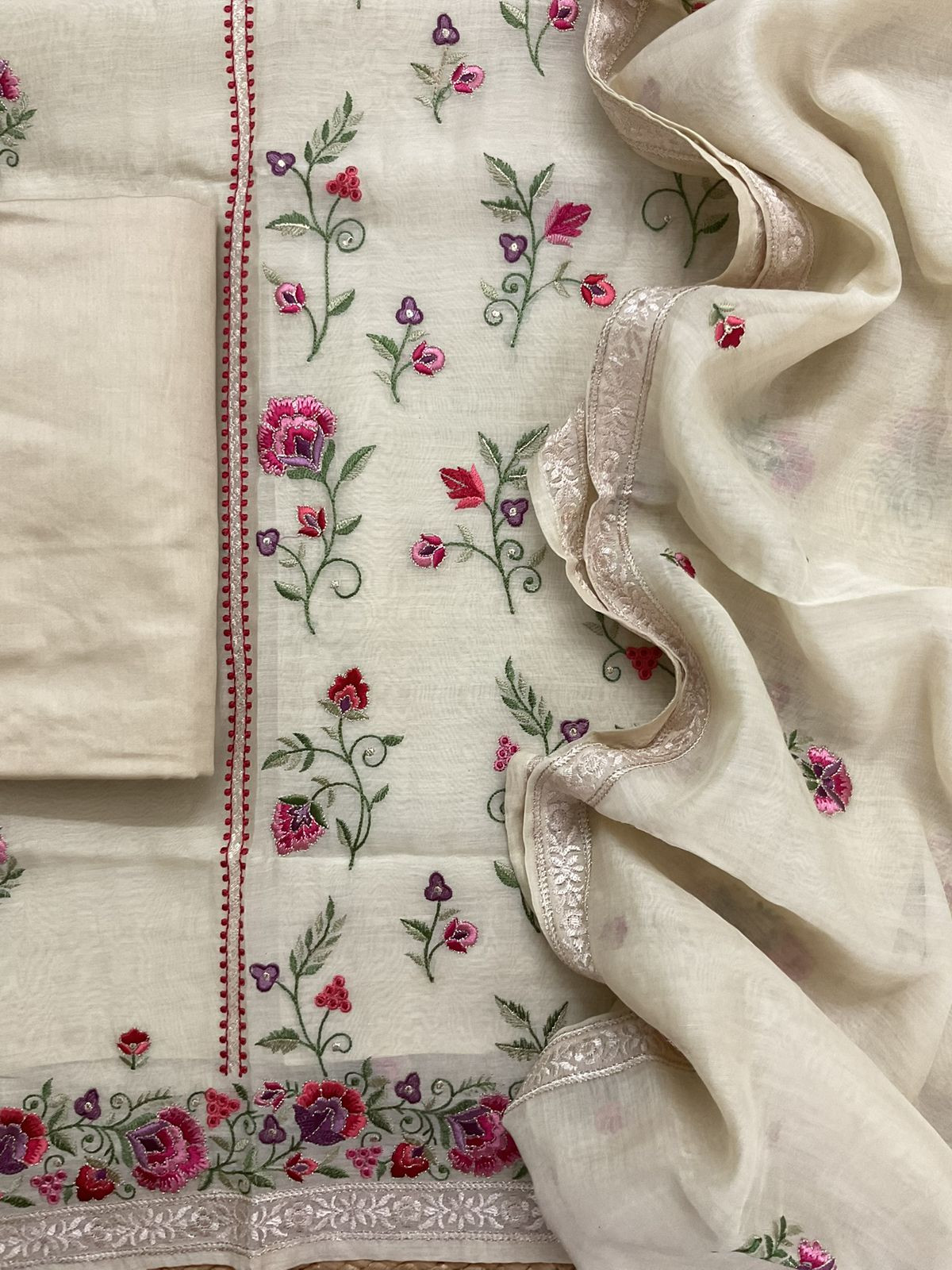 Pure Mul Chanderi Embroidered Suit - Cream