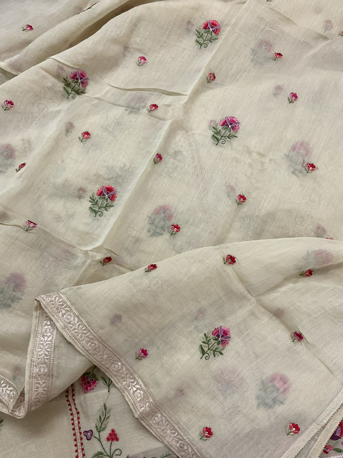 Pure Mul Chanderi Embroidered Suit - Cream