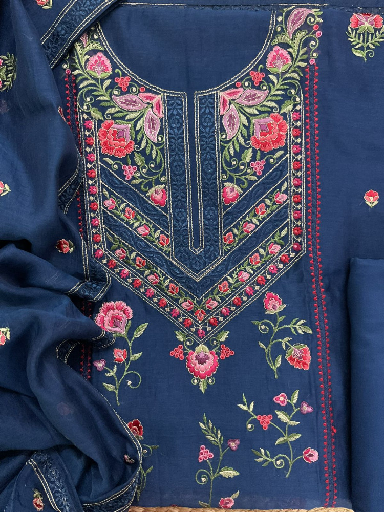 Image of Pure Mul Chanderi Embroidered Suit - Blue